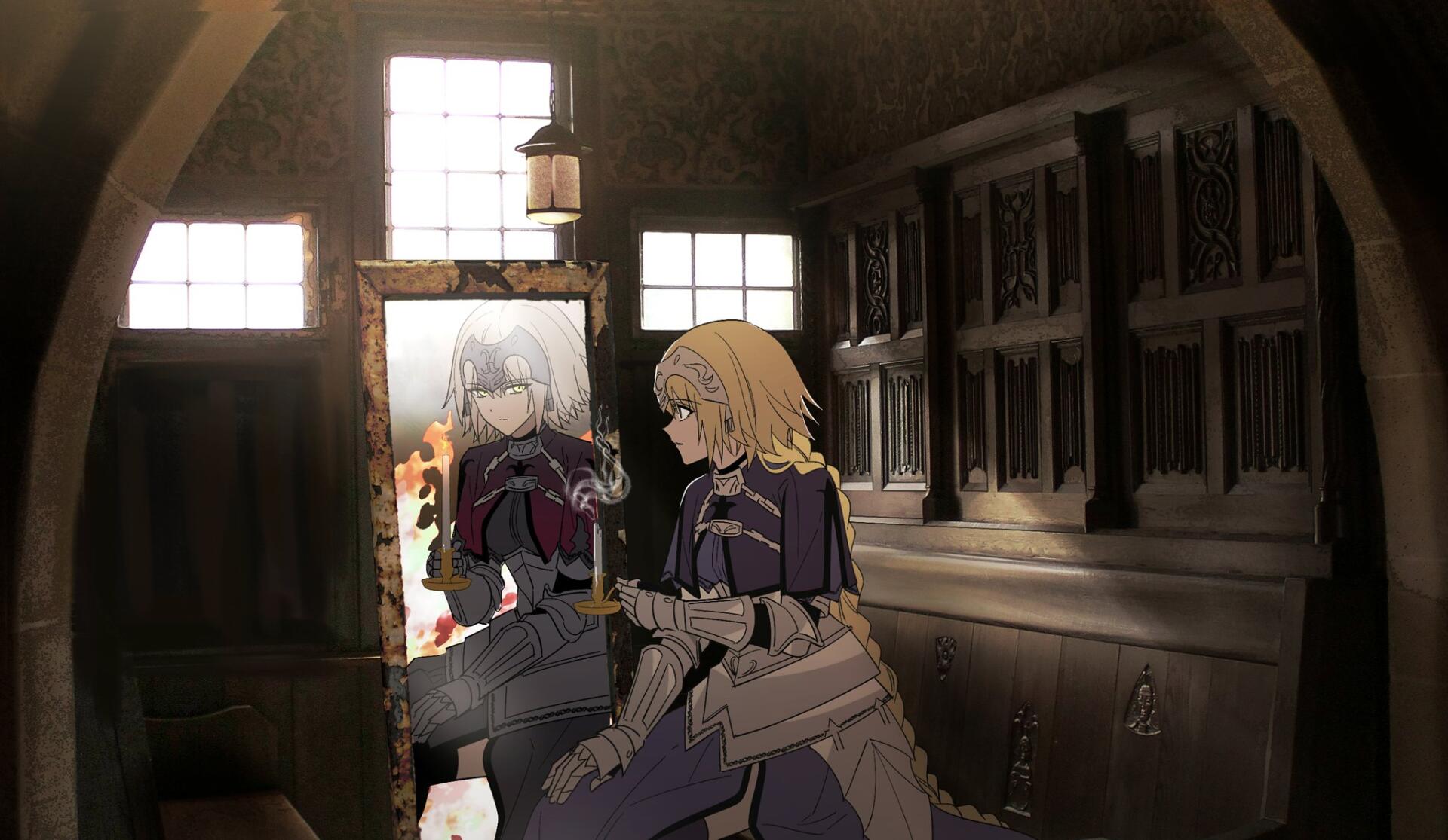 Anime HD PC desktop wallpaper: armored blonde knight sits in a dim arched room, gazing into a mirror that reflects a pale, white-haired counterpart as warm light streams through high windows.