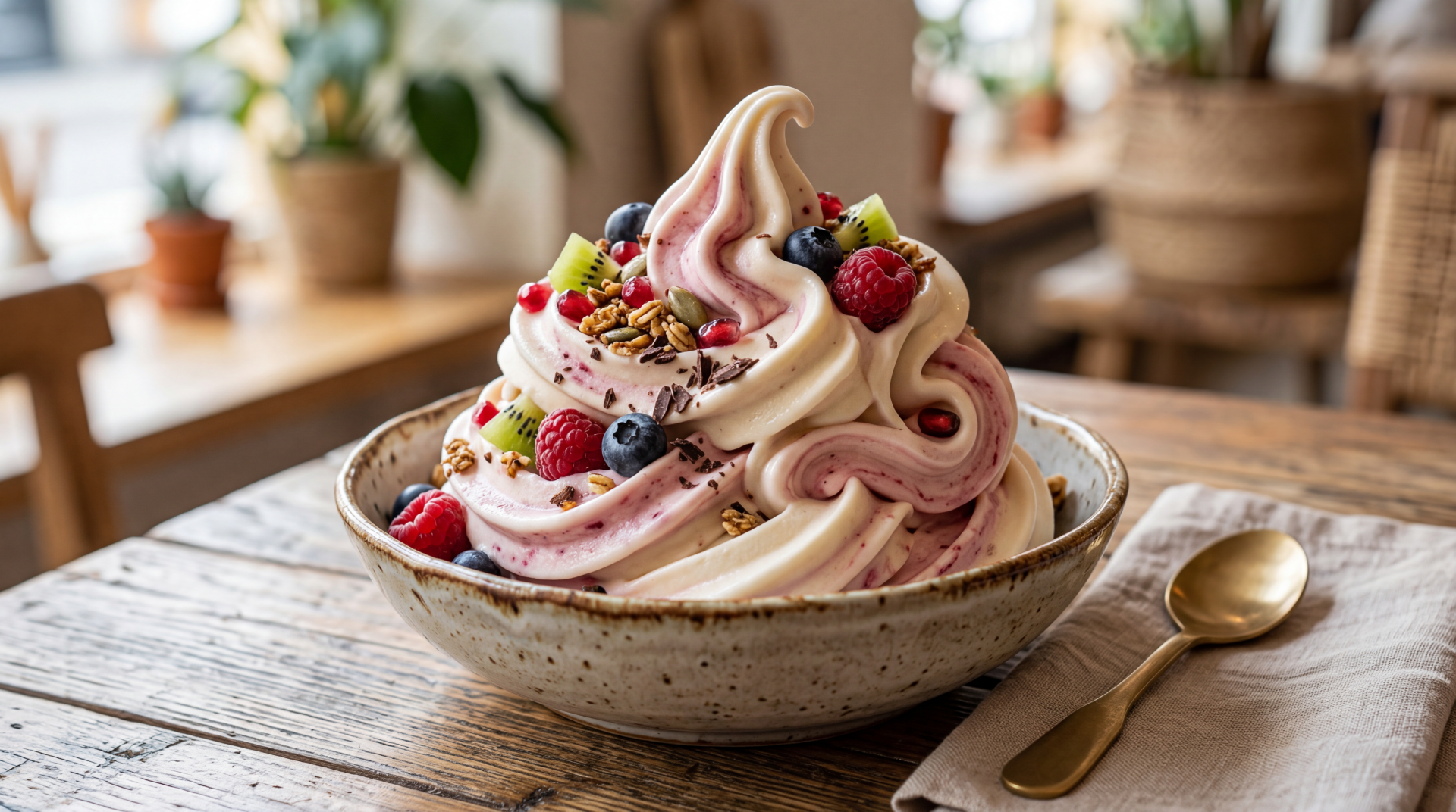5K Ultra HD PC desktop wallpaper: swirled strawberry and vanilla frozen yogurt topped with berries and nuts in a ceramic bowl on a rustic wooden table.