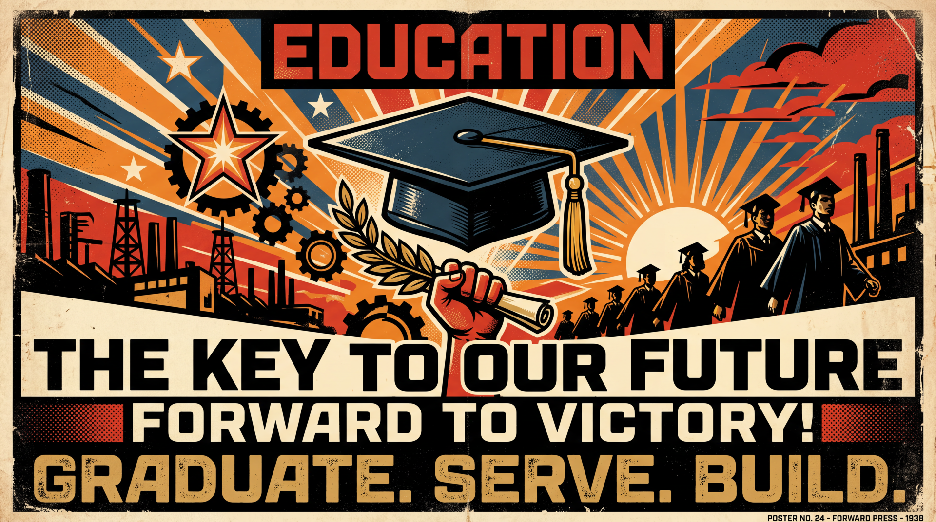Propaganda-style education poster: central graduation cap, raised fist, marching graduates, industrial skyline and bold slogans — 5K Ultra HD PC Desktop Wallpaper and Background.