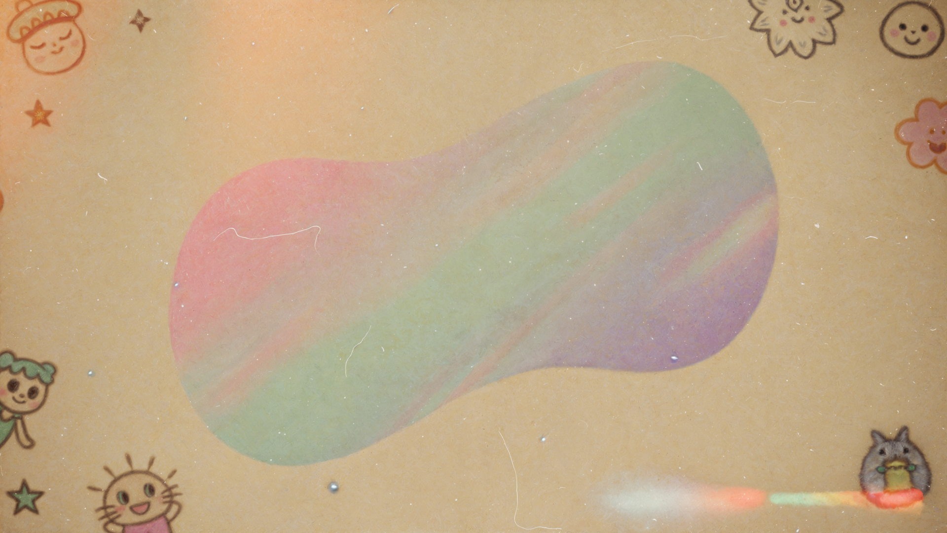 Indie aesthetic 4K Ultra HD PC desktop wallpaper/background: pastel rainbow blob on warm beige paper with doodled sun and flowers, tiny sparkles and subtle film-grain texture.