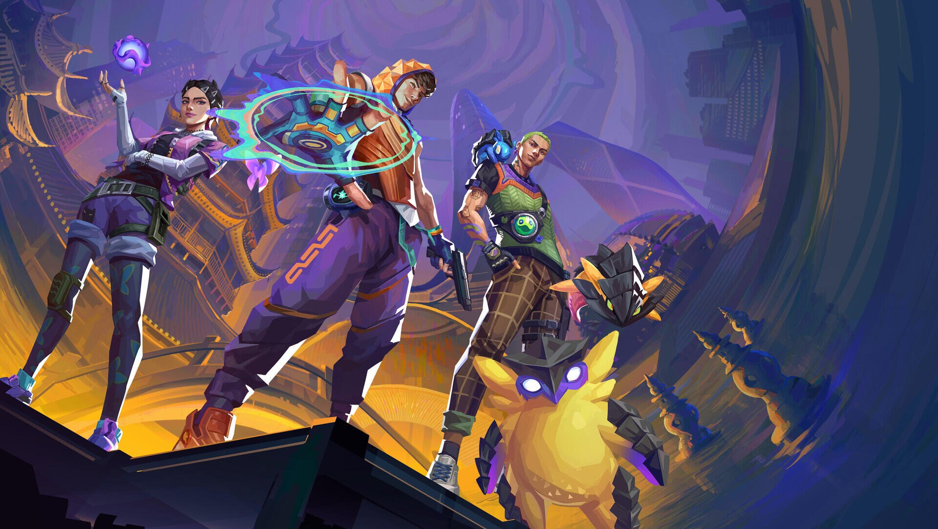 HD PC desktop wallpaper/background of Valorant agents Clove, Gekko, and Miks posing with neon powers and robotic gear against a purple futuristic cityscape.