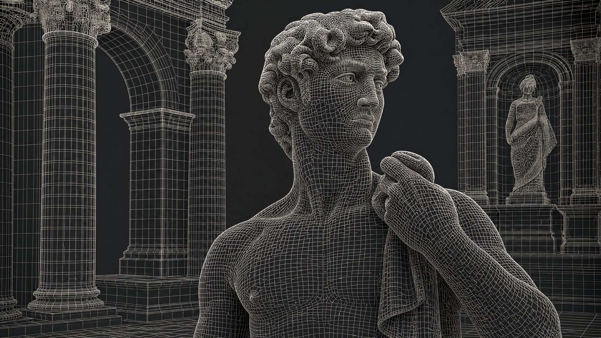 Wireframe-style classical marble statue amid arched colonnade, monochrome 4K Ultra HD PC desktop wallpaper and background.