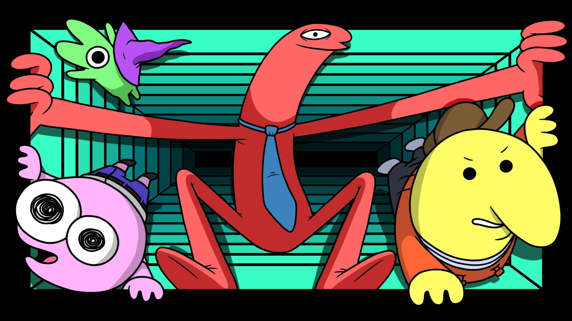 Smiling Friends characters strike an energetic pose against a retro teal-striped backdrop — colorful 4K Ultra HD PC desktop wallpaper and background.