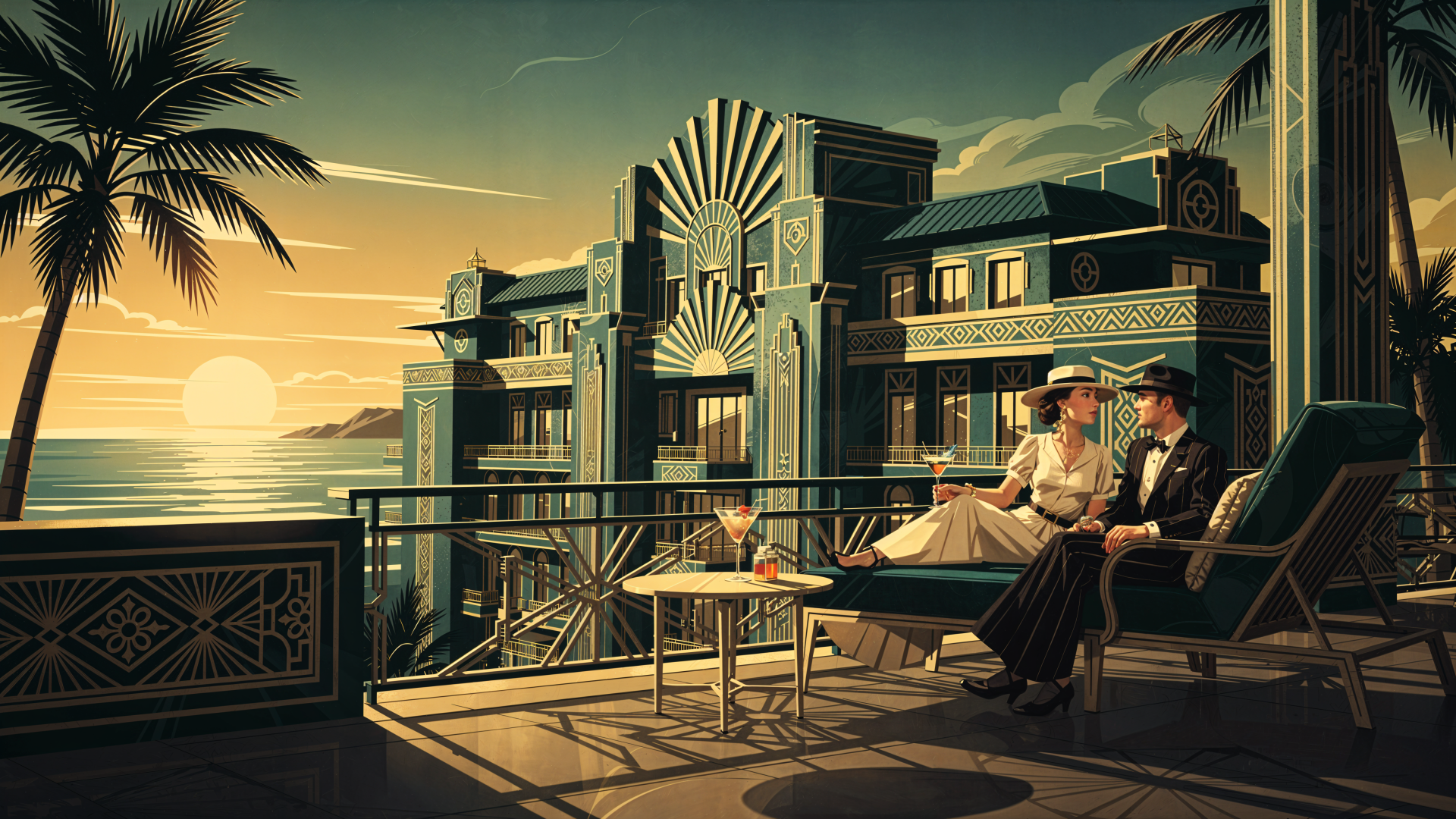 Art-deco seaside terrace at sunset with a well-dressed couple sipping cocktails on a balcony, palm trees and ocean view — weekend getaway; 4K Ultra HD PC Desktop Wallpaper and Background.