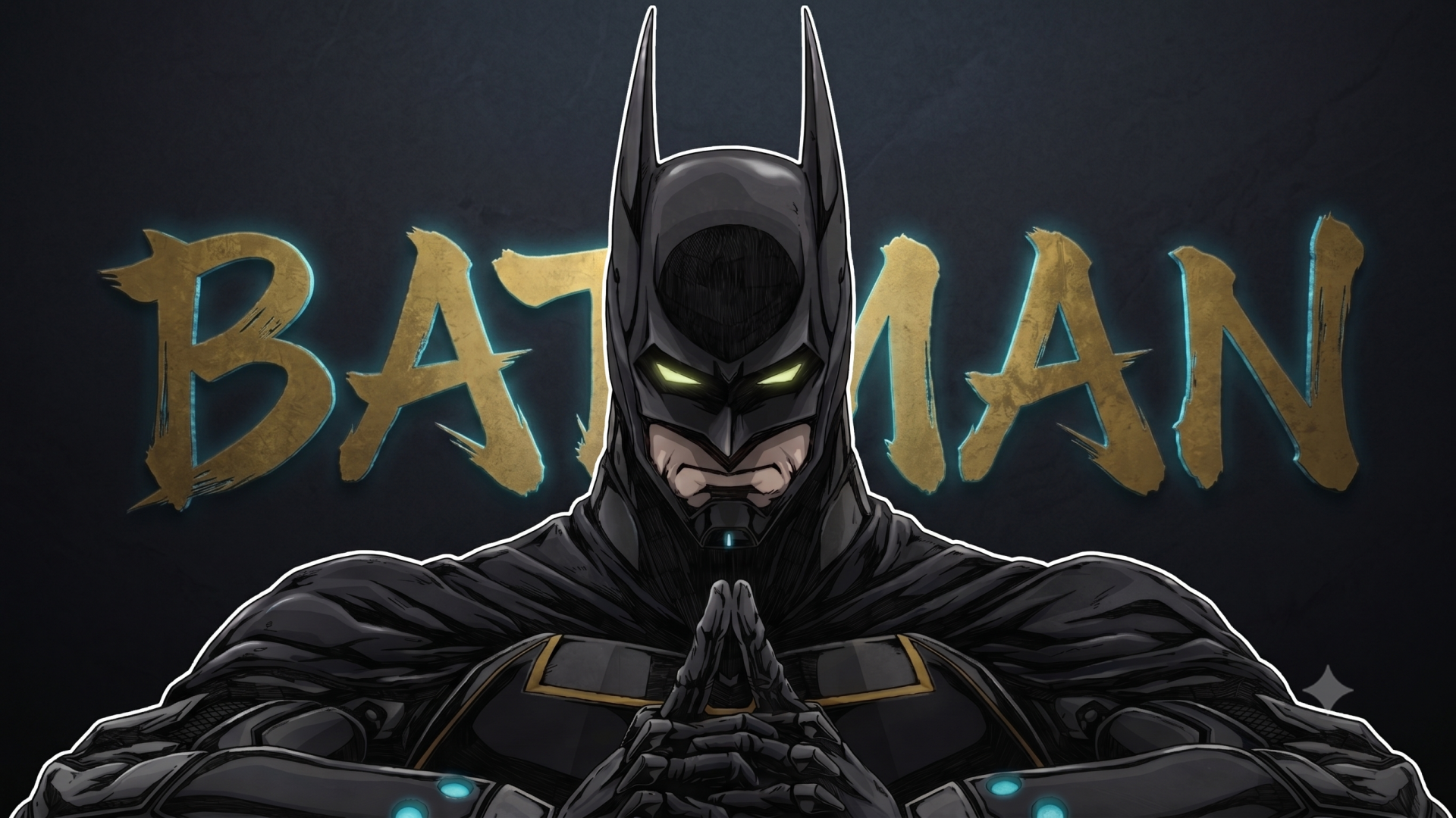 Anime-style Batman from Batman Ninja vs. Yakuza League, armored ninja pose with glowing eyes before gold BATMAN title — AI art 2K Quad HD PC wallpaper.