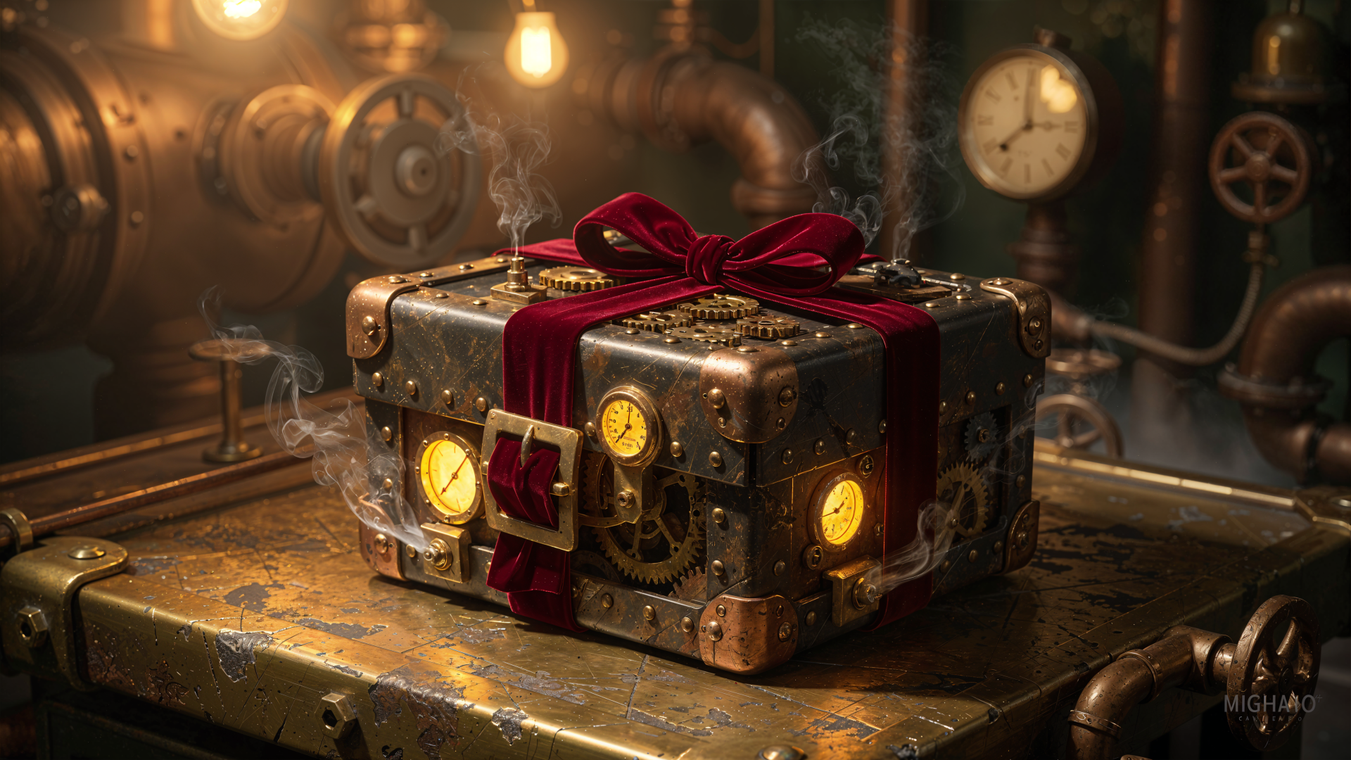 Steampunk Christmas present tied with a red bow on a worn metal table, glowing gauges and steam pipes in the background — 4K Ultra HD PC Desktop Wallpaper and Background.