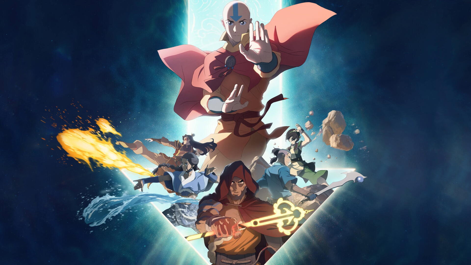 4K Ultra HD anime-style Avatar: The Last Airbender wallpaper — Aang levitates center as Katara, Sokka, Zuko and Toph unleash water, fire, earth and air bending.