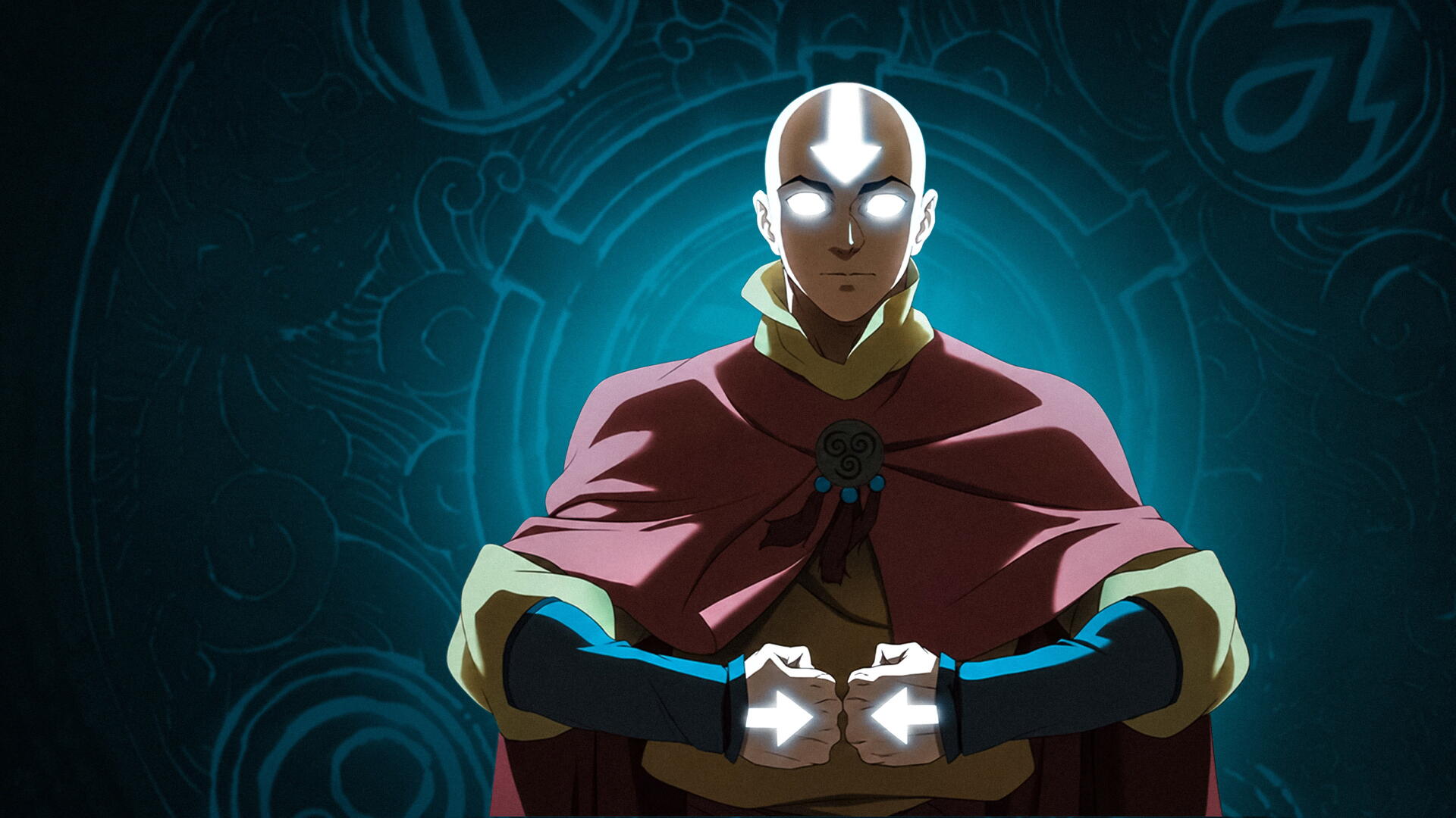 4K Ultra HD PC desktop wallpaper: Aang from Avatar: The Last Airbender meditates with glowing arrow and eyes, hands clasped, set against a blue-green mystical rune background.