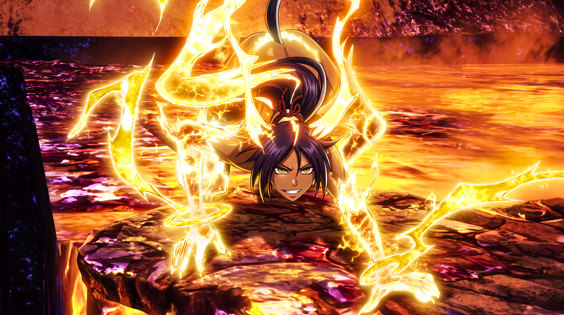 5K Ultra HD PC wallpaper of Yoruichi Shihôin from Bleach: Thousand-Year Blood War — anime girl/waifu crouched, snarling, crackling with golden lightning over molten rock.