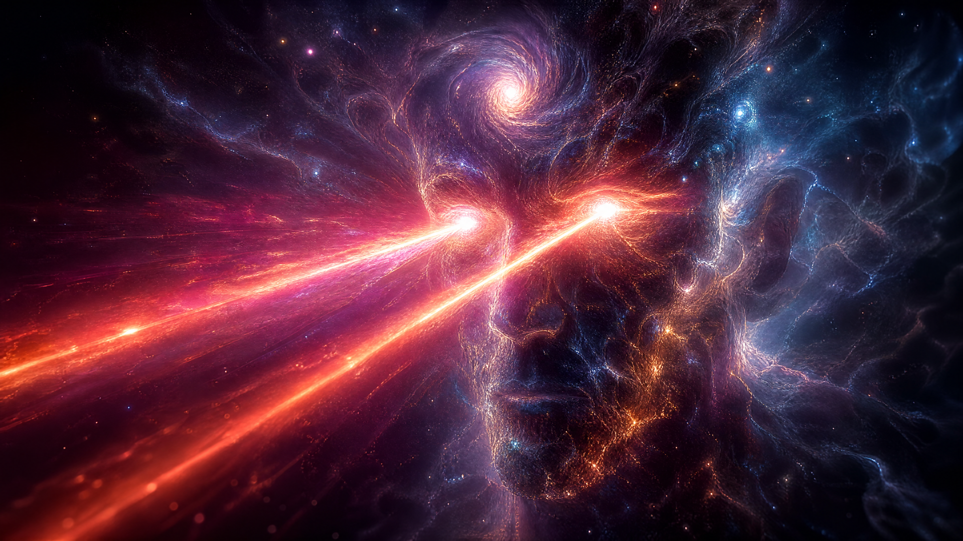 Abstract cosmic face with blazing laser eyes firing twin beams through nebulae; vibrant colors and swirling galaxies — 4K Ultra HD PC desktop wallpaper and background.
