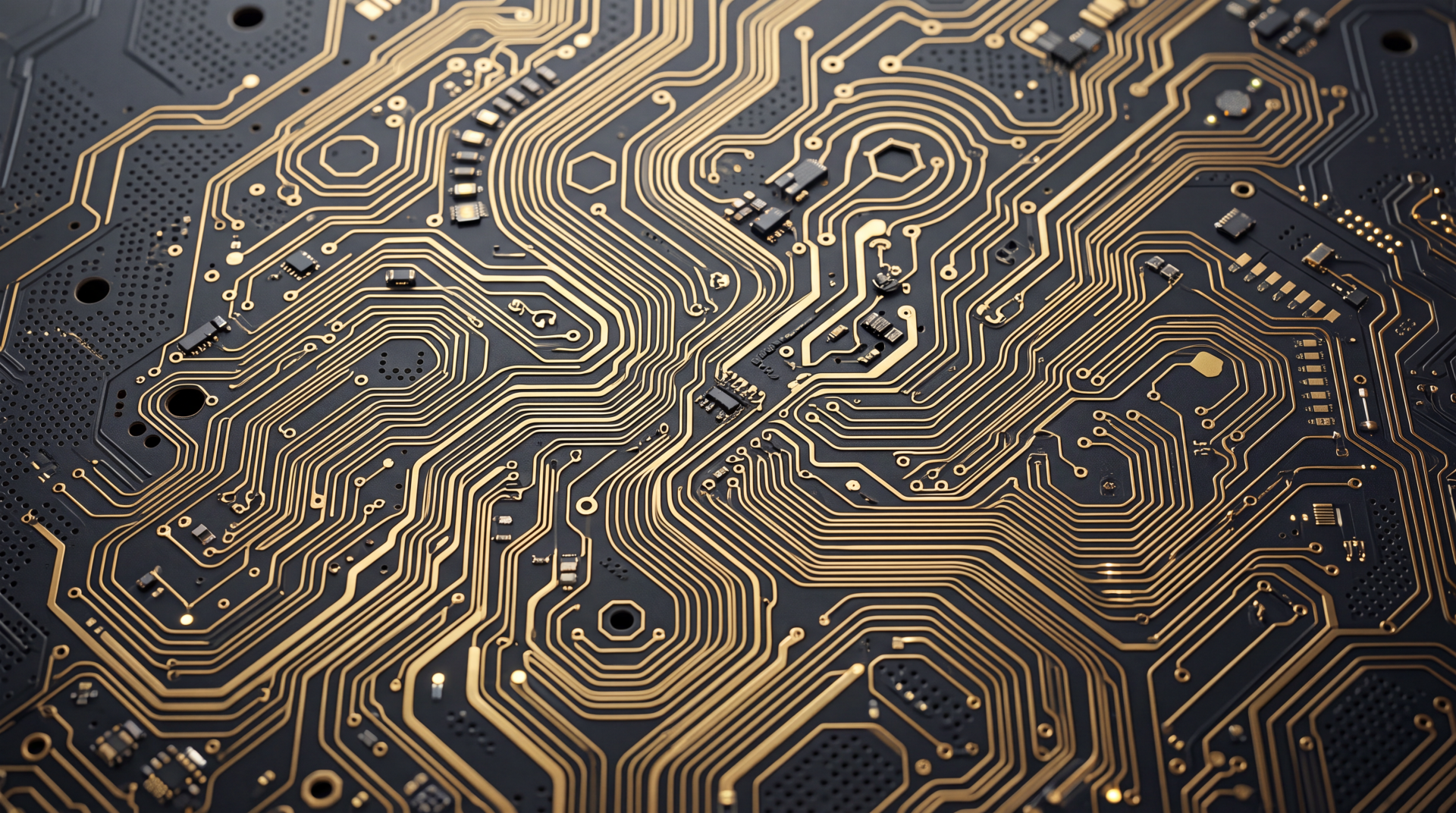 5K Ultra HD PC desktop wallpaper: close-up gold-on-black circuit board pattern with intricate traces, pads and solder points creating a high-detail technological texture.