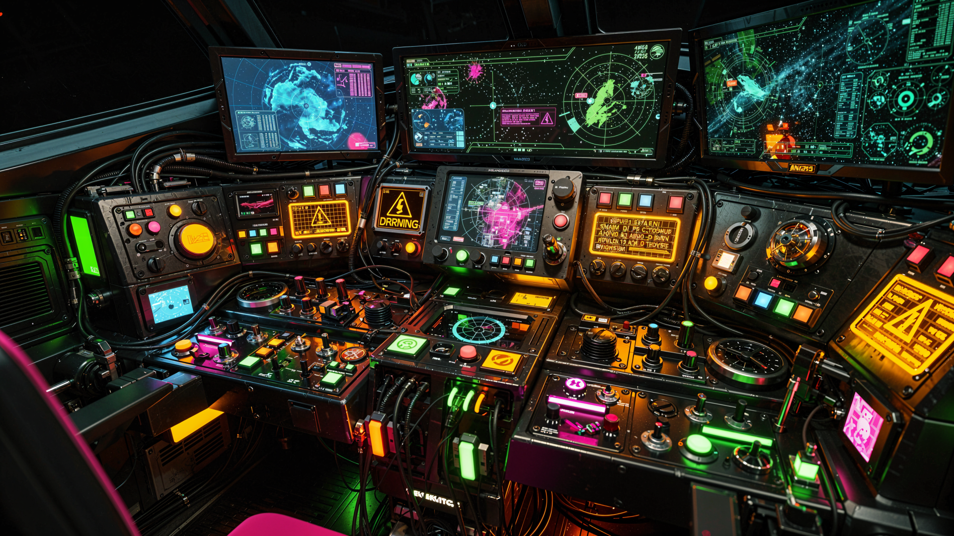 4K Ultra HD PC desktop wallpaper: high-detail spaceship control panel — multicolored buttons, glowing displays, star maps and holographic readouts in a sci-fi cockpit.
