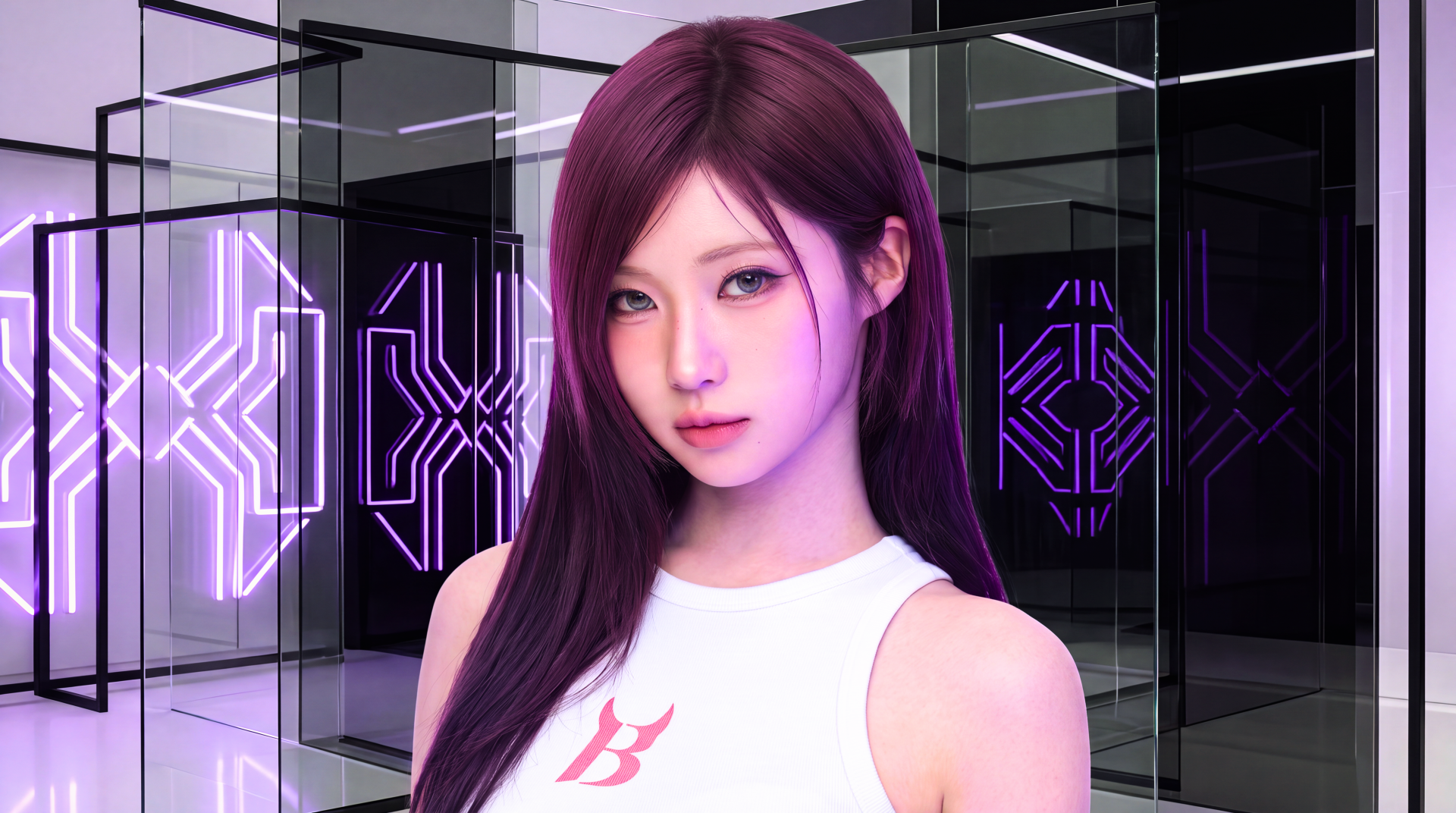 5K Ultra HD PC desktop wallpaper: cute Japanese model in K-pop, BABYMONSTER-inspired look with long purple hair, white tank top, neon geometric studio background.