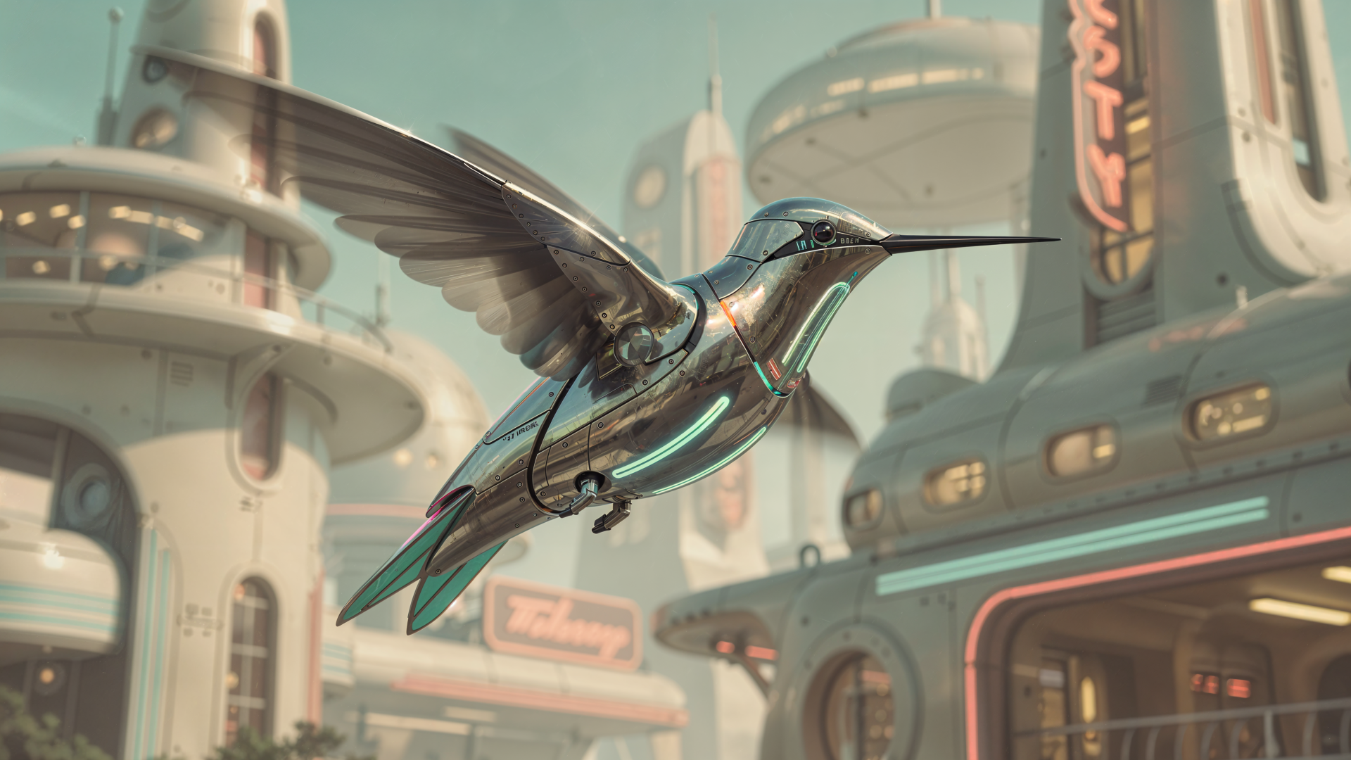 Futuristic metallic hummingbird with neon teal accents glides through a retro-futuristic cityscape — 4K Ultra HD PC Desktop Wallpaper and Background.