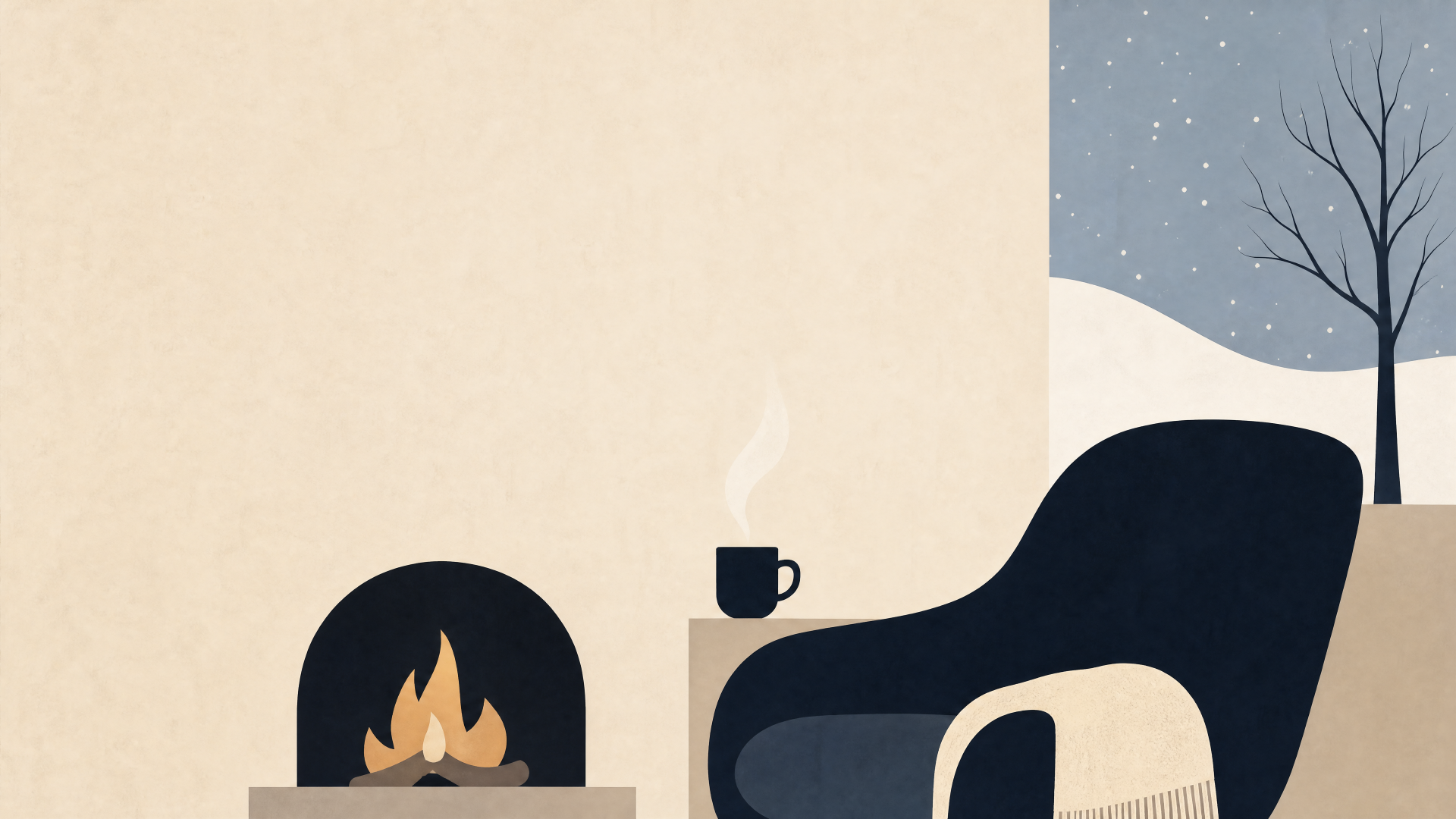 Cozy winter 4K Ultra HD PC desktop wallpaper and background: minimalist interior with armchair, steaming mug, glowing fireplace and snow visible through a window.