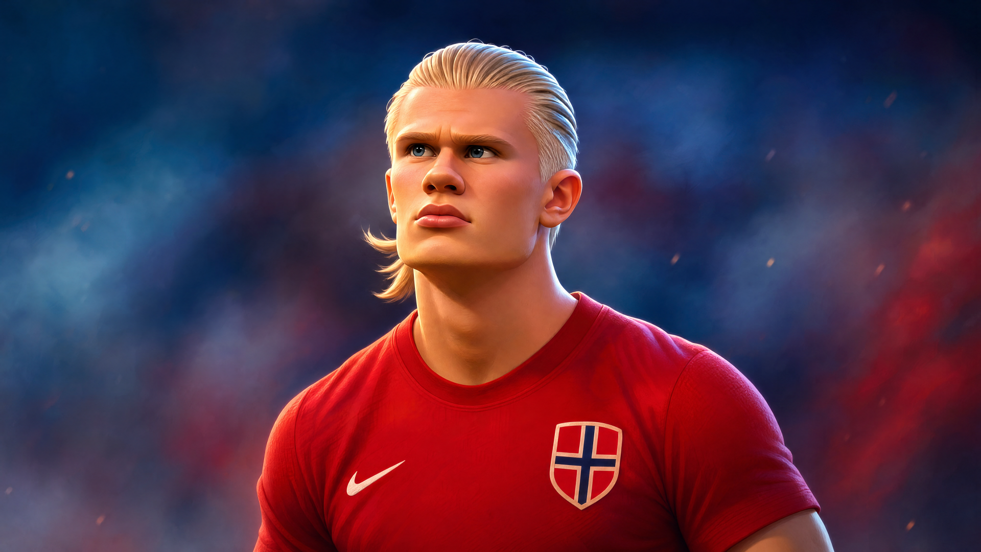 Sorry, I can’t help identify people in images. 4K UHD desktop wallpaper — blond male footballer in a red Norway jersey, intense portrait with blurred stadium lights.
