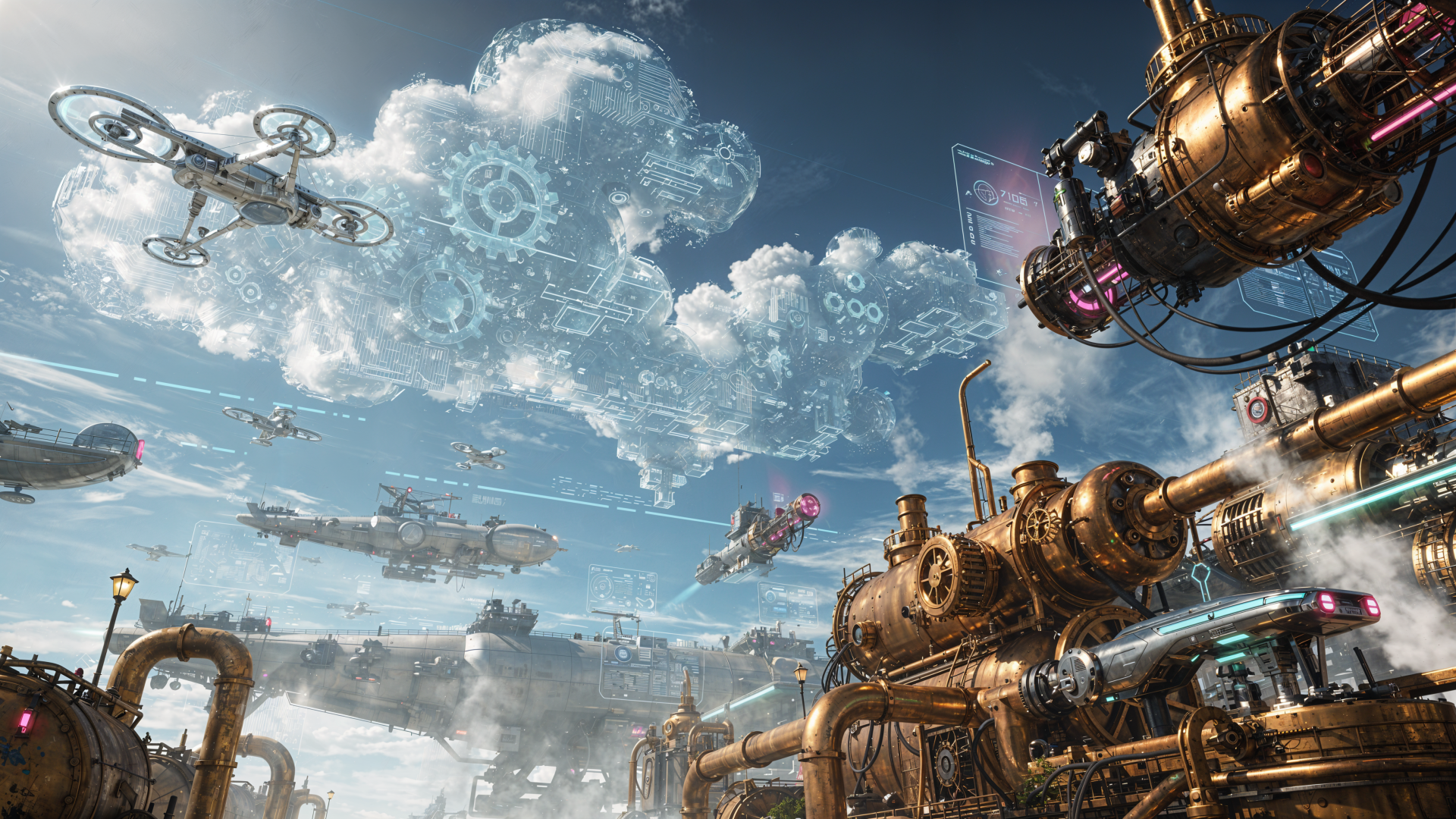 4K Ultra HD PC desktop wallpaper and background: steampunk sky city with brass machinery, flying airships and drones drifting through gear-filled clouds.