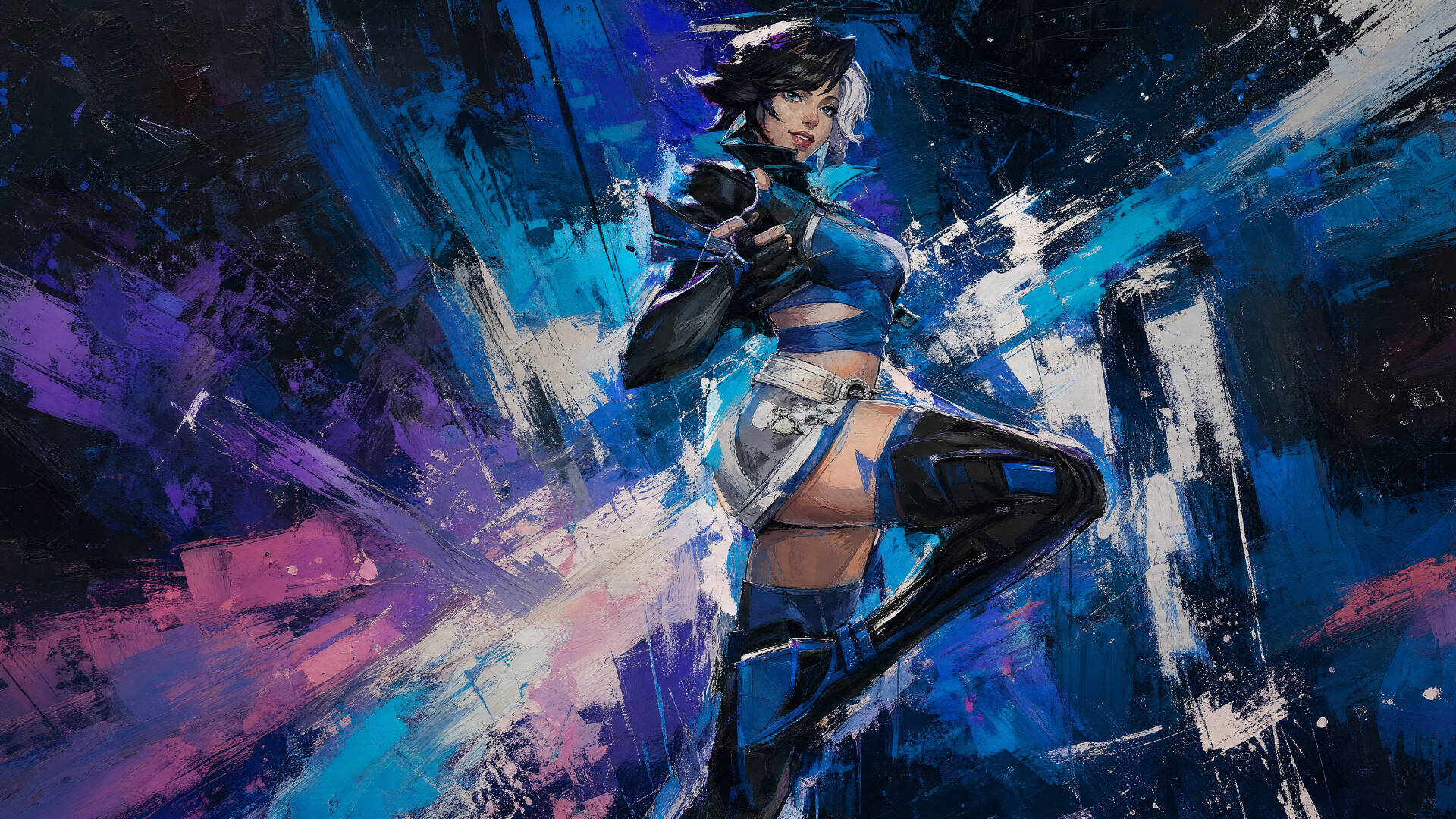 Marvel Rivals 4K Ultra HD PC desktop wallpaper and background: a blue-armored female hero striking a combat pose amid vibrant purple and blue abstract energy strokes.