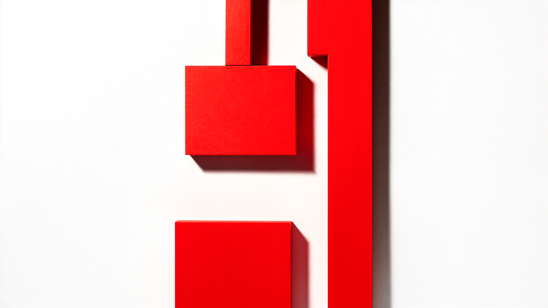 Clean minimal 4K Ultra HD PC desktop wallpaper — bold red geometric rectangles and bars casting sharp shadows on a white background.