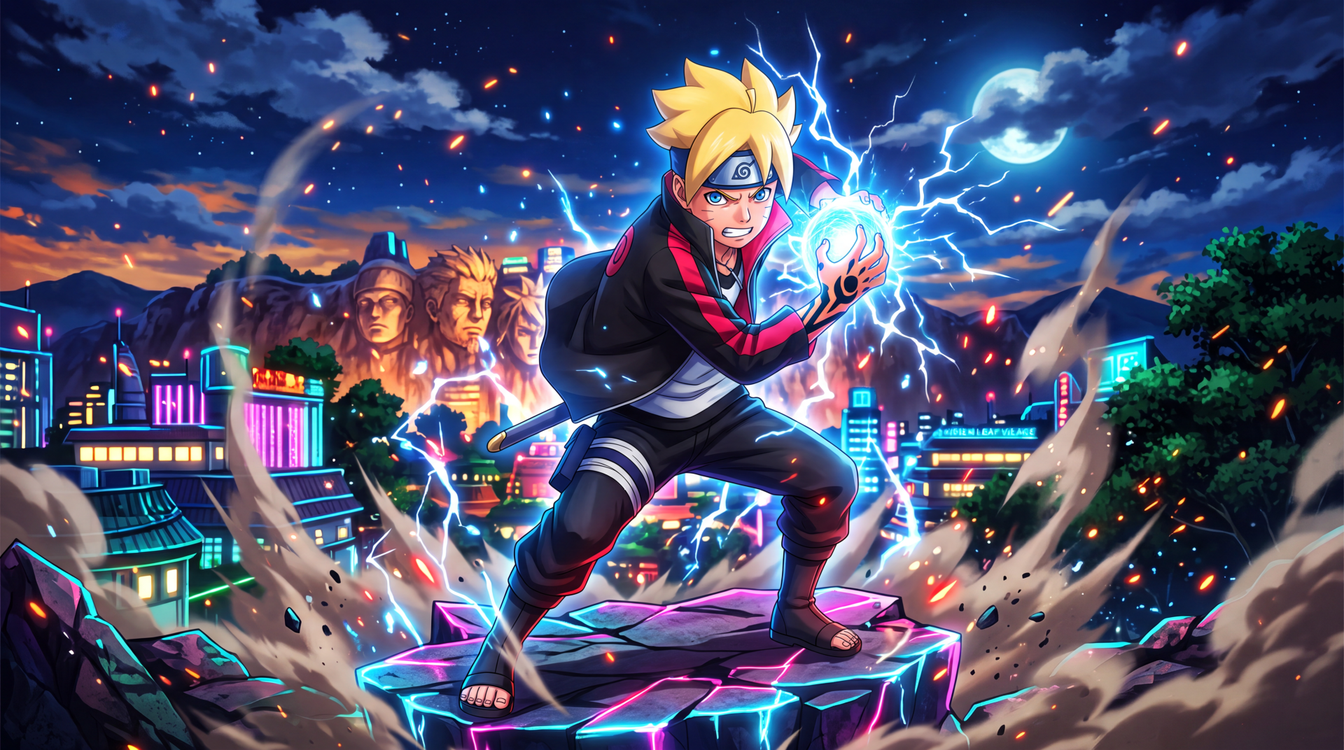 Boruto charging a crackling blue Rasengan on a shattered rooftop above a neon village at night, dynamic debris and lightning — 5K Ultra HD PC desktop wallpaper and background.