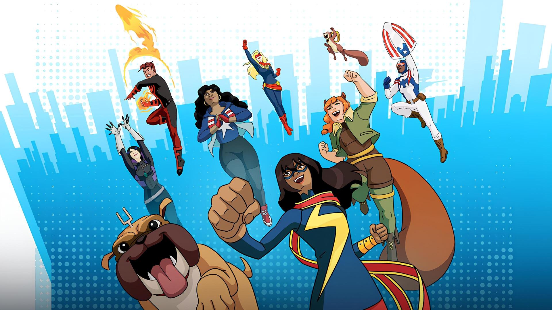 Marvel Rising 4K UHD PC desktop wallpaper and background: animated heroes — Ms Marvel front with fist raised, Squirrel Girl, America Chavez and others flying above a blue city skyline