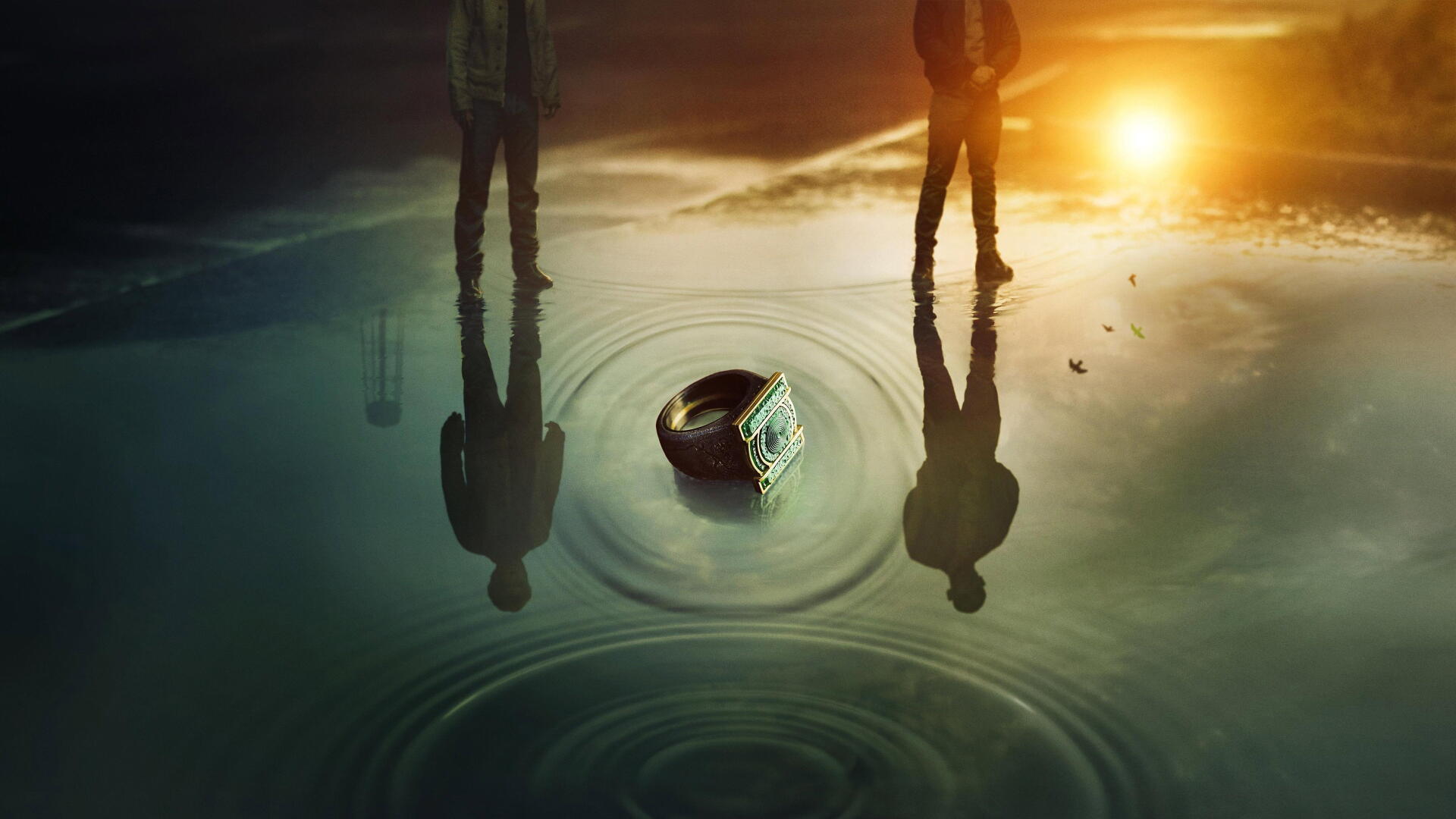 Lanterns (2026) 4K Ultra HD PC desktop wallpaper and background: glowing lantern drifts on rippling water at sunset, two silhouetted figures and their reflections on the surface.