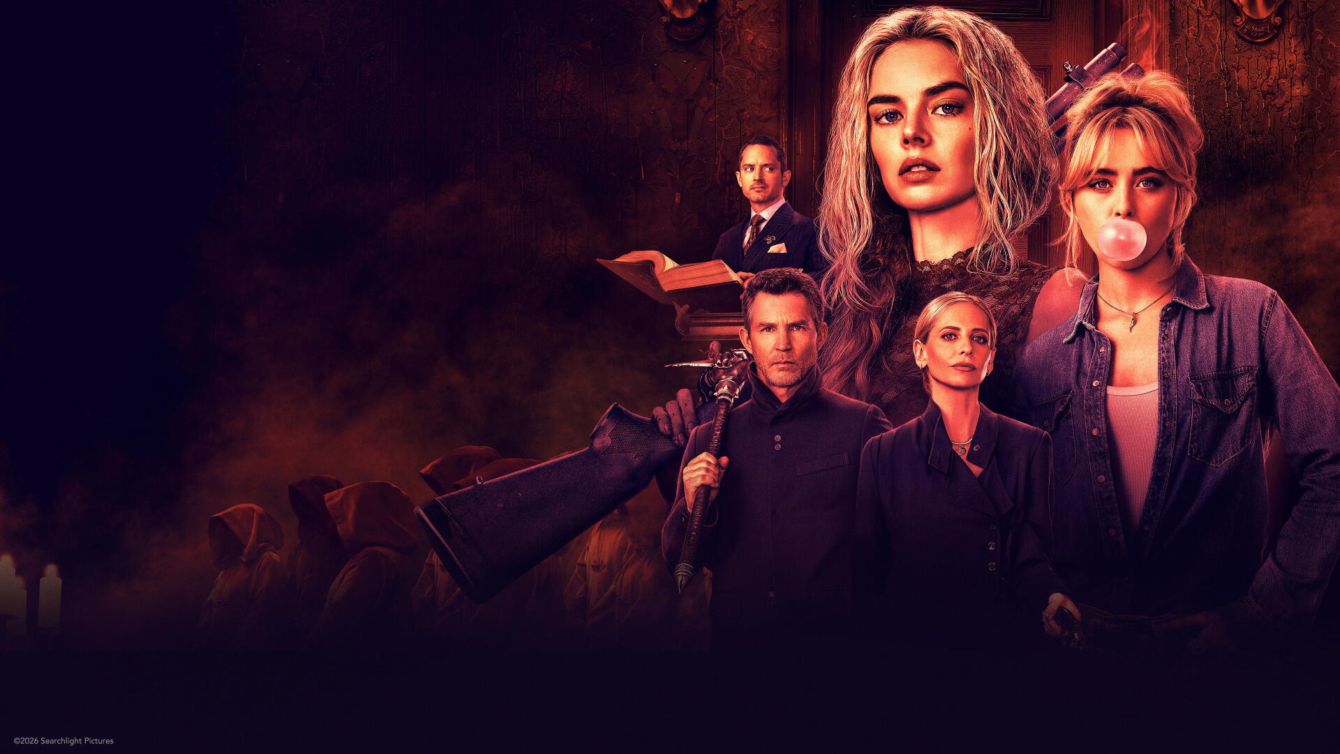 Ready or Not 2 4K Ultra HD PC desktop wallpaper and background: cinematic poster of a woman blowing bubblegum and three other characters against a smoky orange‑purple backdrop.