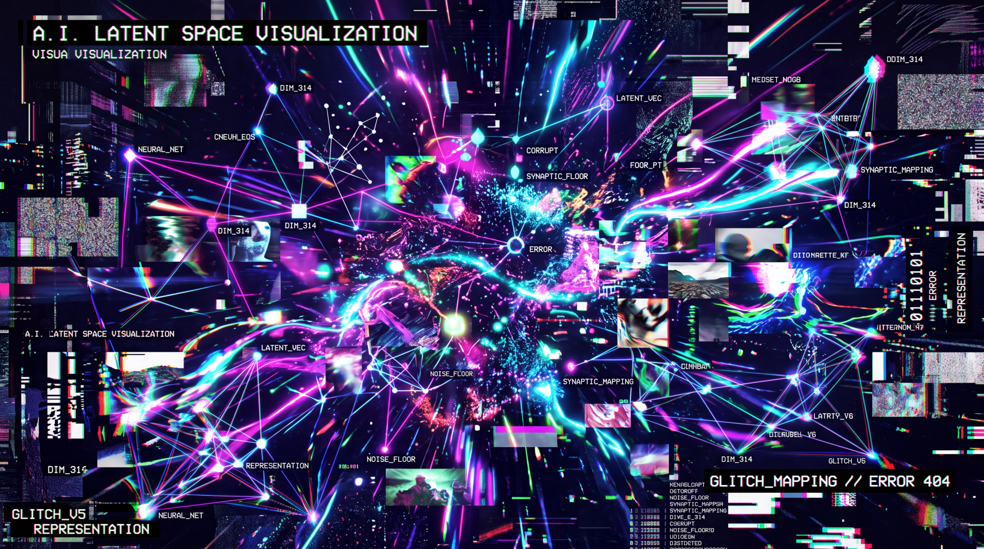 Glitchcore 5K Ultra HD PC desktop wallpaper: neon purple and cyan data streams, pixel glitches, floating UI fragments and cosmic visualization in a high-resolution cyberpunk aesthetic.