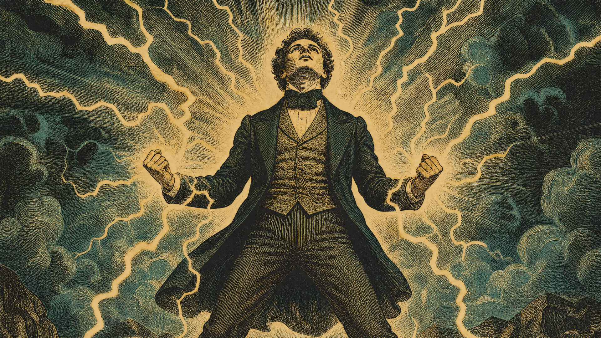 Dramatic vintage-clad man clenches fists as golden lightning radiates through storm clouds — 4K Ultra HD PC Desktop Wallpaper and Background