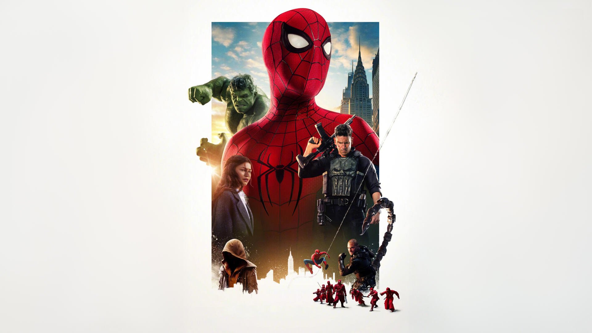 Spider-Man: Brand New Day — Spider-Man 5K Ultra HD PC desktop wallpaper showing the masked hero front-and-center over a city skyline with villains and dynamic action poses.