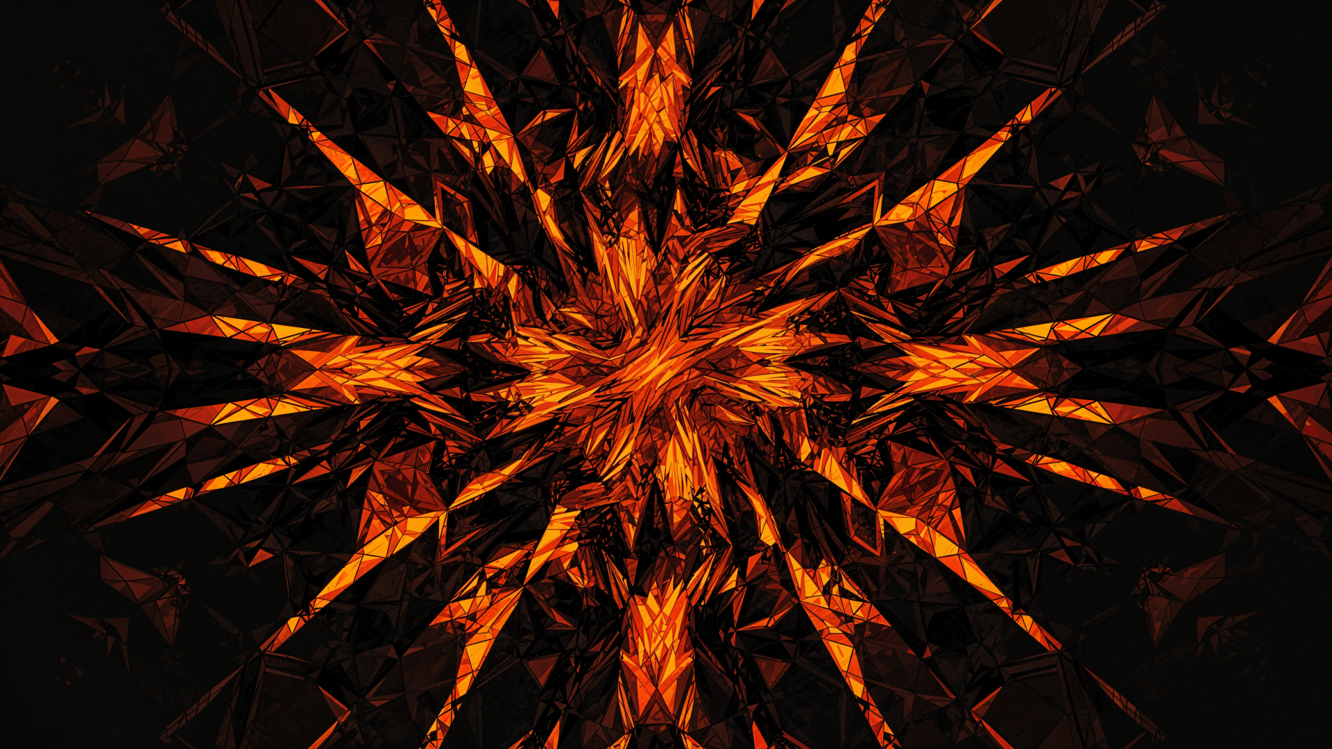 4K Ultra HD PC desktop wallpaper: a mad, fiery kaleidoscopic starburst of jagged orange shards radiating against a black background.