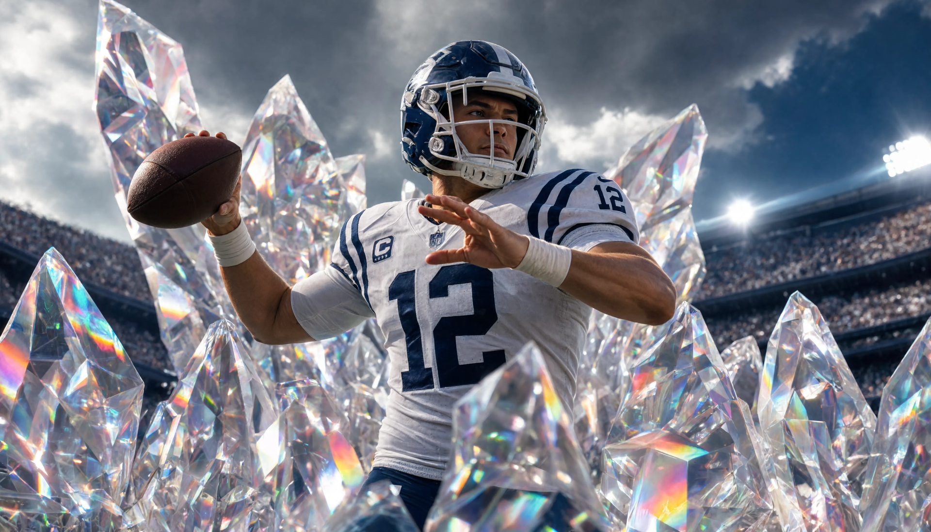 5K Ultra HD PC desktop wallpaper/background: helmeted quarterback (#12) winding to throw amid giant crystal shards beneath dramatic stadium lights.