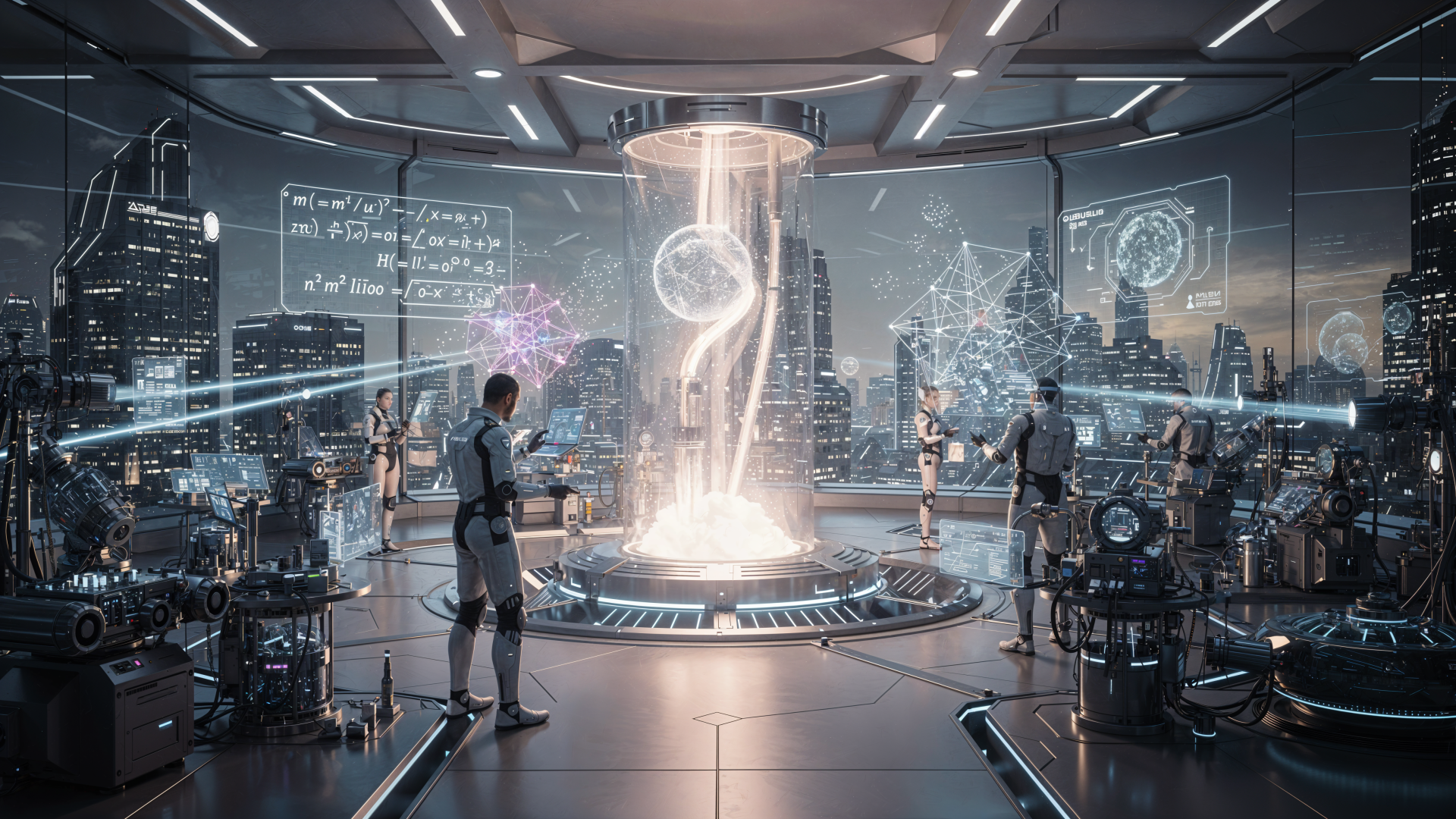 4K Ultra HD PC desktop wallpaper and background: futuristic physics lab where scientists study a glowing levitating energy core with holographic equations and a distant city skyline.