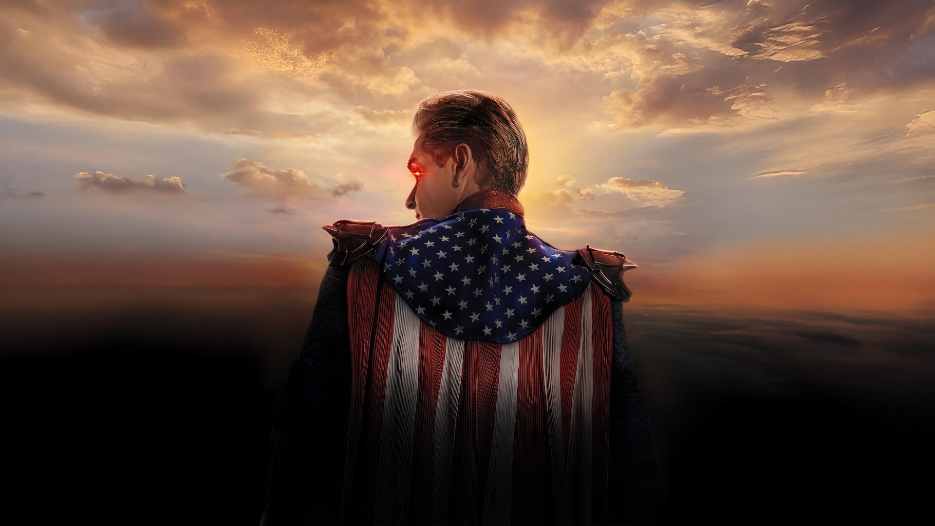 Homelander from the TV show The Boys (2019) stands with an American-flag cape and glowing red eyes against a dramatic sunset — 5K Ultra HD PC desktop wallpaper/background.