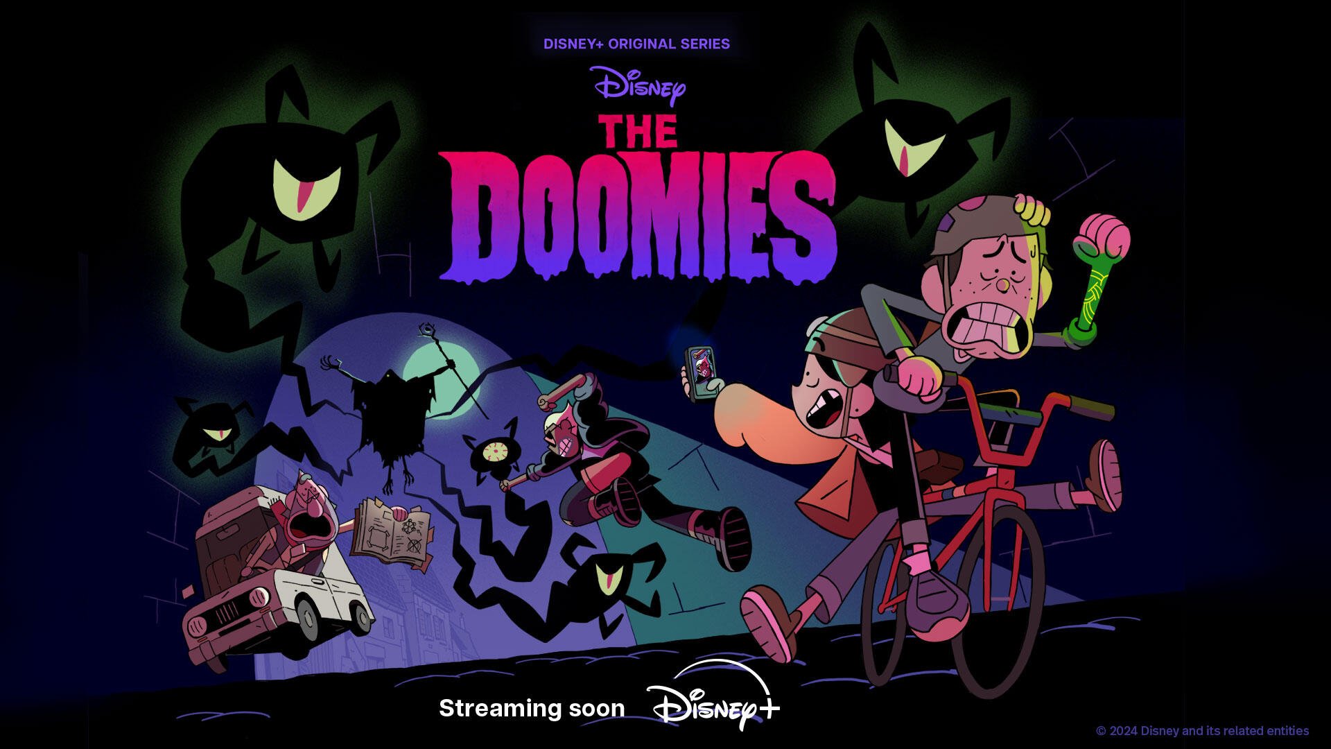 HD PC desktop wallpaper/background for the TV show The Doomies: neon logo above cartoon teens fleeing shadowy, grinning monsters as one pedals a bicycle through a spooky night scene.
