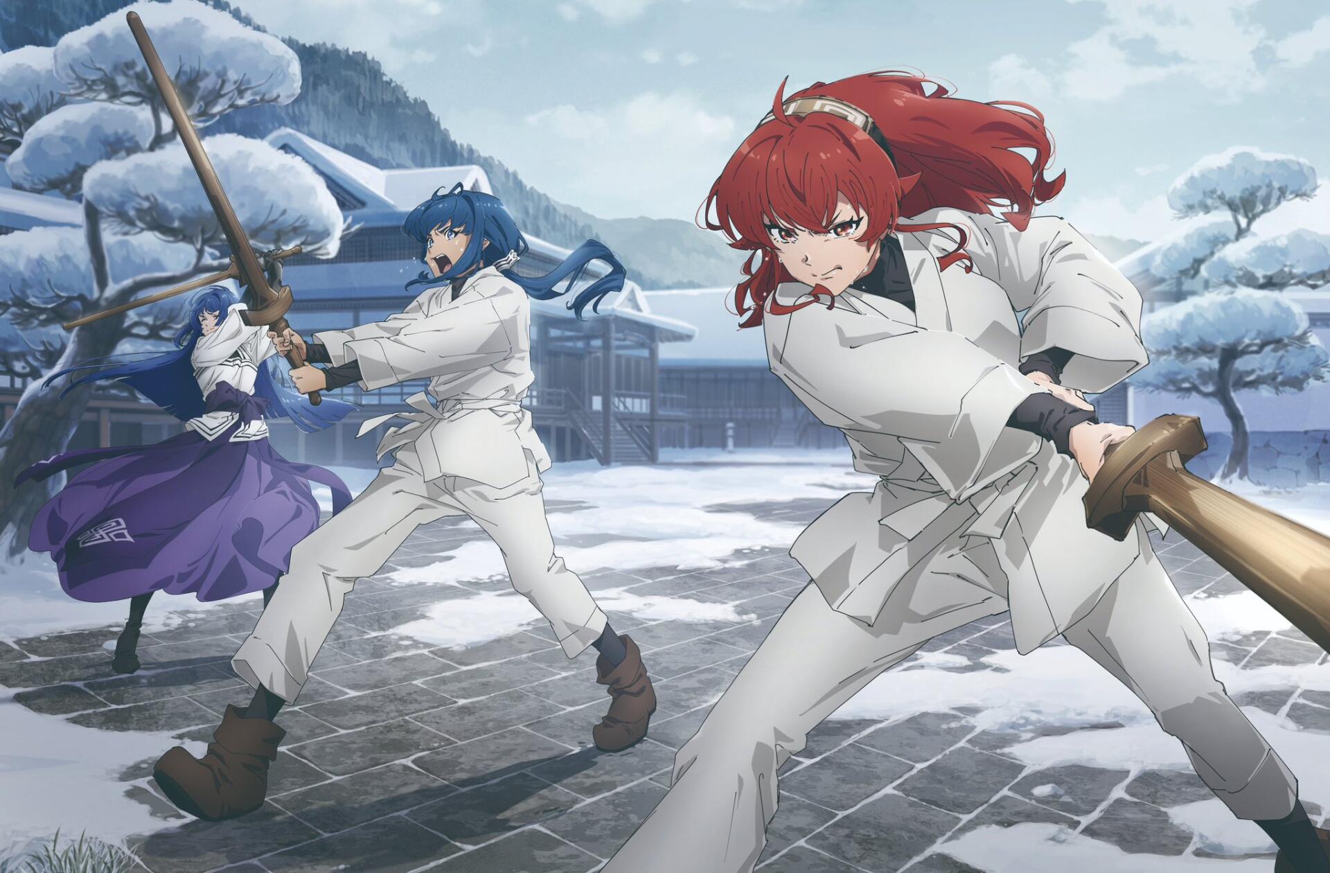 Anime wallpaper of Eris Boreas Greyrat from Mushoku Tensei: Jobless Reincarnation, charging with a sword alongside allies across a snowy courtyard — HD PC desktop background.
