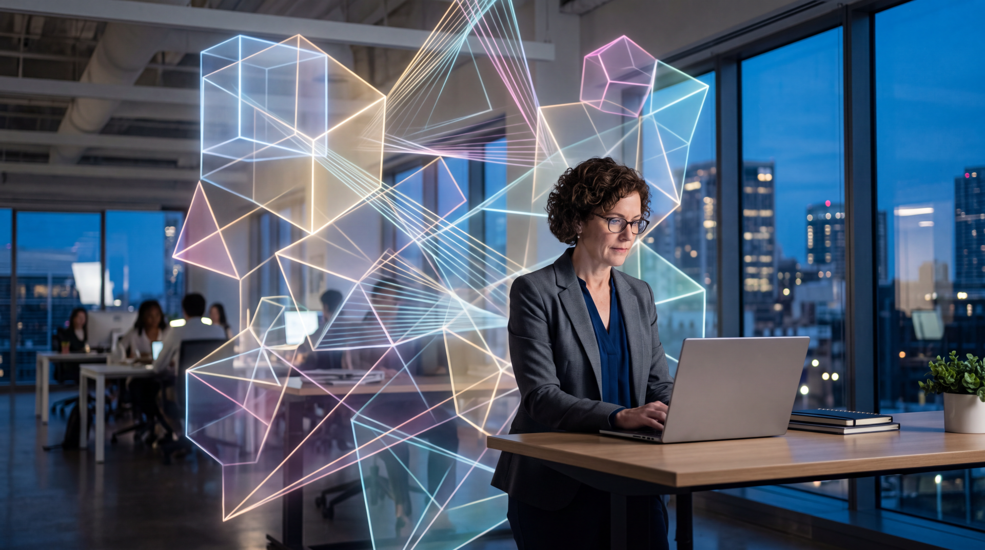 5K Ultra HD PC desktop wallpaper and background: corporate job scene — professional at a laptop in a modern office at dusk, surrounded by glowing geometric data visuals.