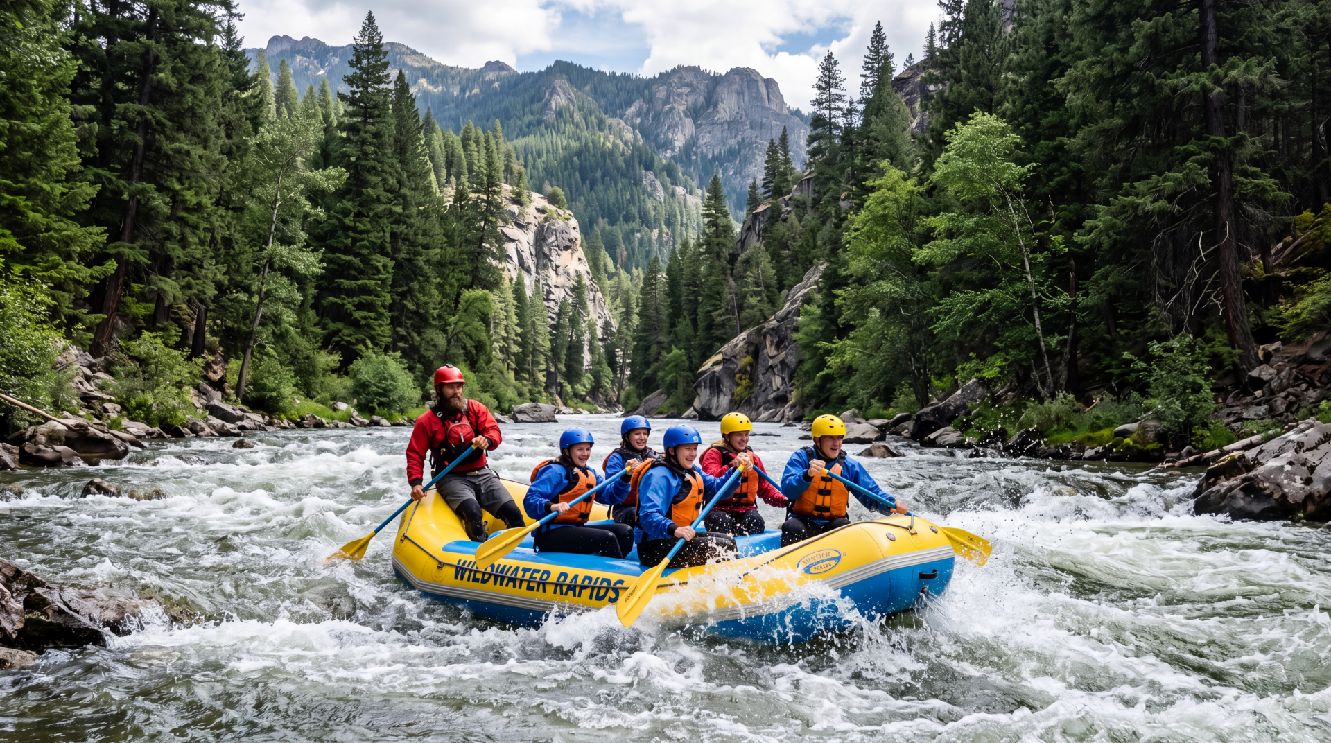 5K Ultra HD PC desktop wallpaper/background: six rafters in a yellow raft navigating turbulent whitewater through a pine‑lined mountain river valley.