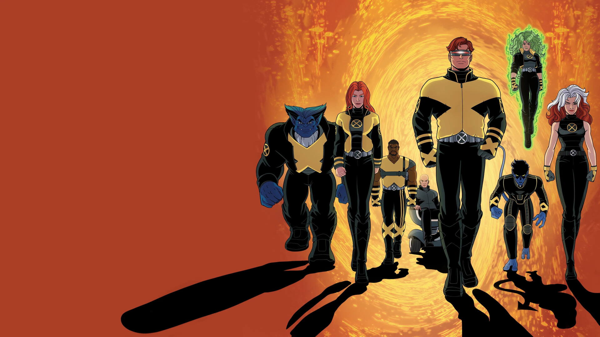 X-Men '97 4K Ultra HD PC desktop wallpaper: animated X‑Men in yellow-and-black uniforms stride from a glowing tunnel, casting long shadows on an orange background.
