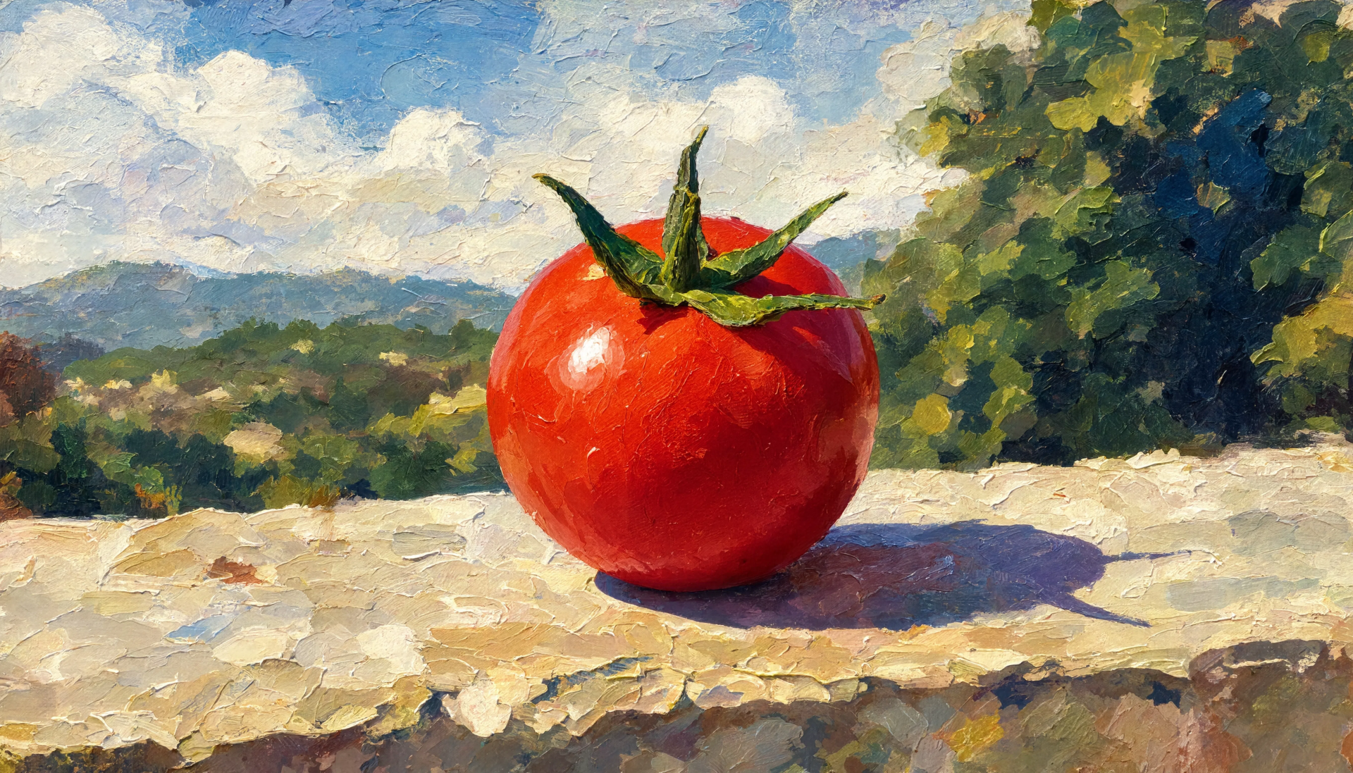 Bright cherry tomato on a sunlit stone ledge with distant hills and clouds — 5K Ultra HD PC desktop wallpaper and background.