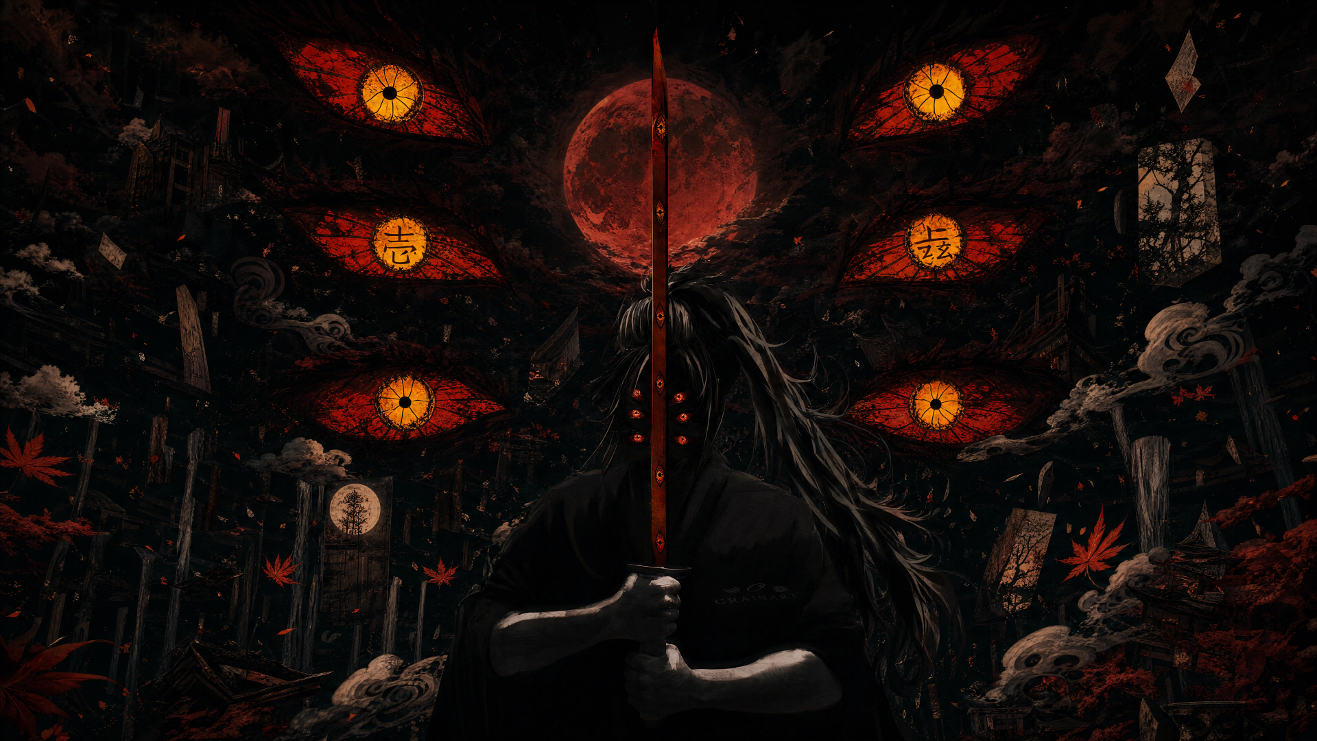 4K Ultra HD PC desktop wallpaper: Kokushibo (Demon Slayer) stands with sword raised, blood-red moon and multiple glowing eyes looming in a dark, ominous shrine.
