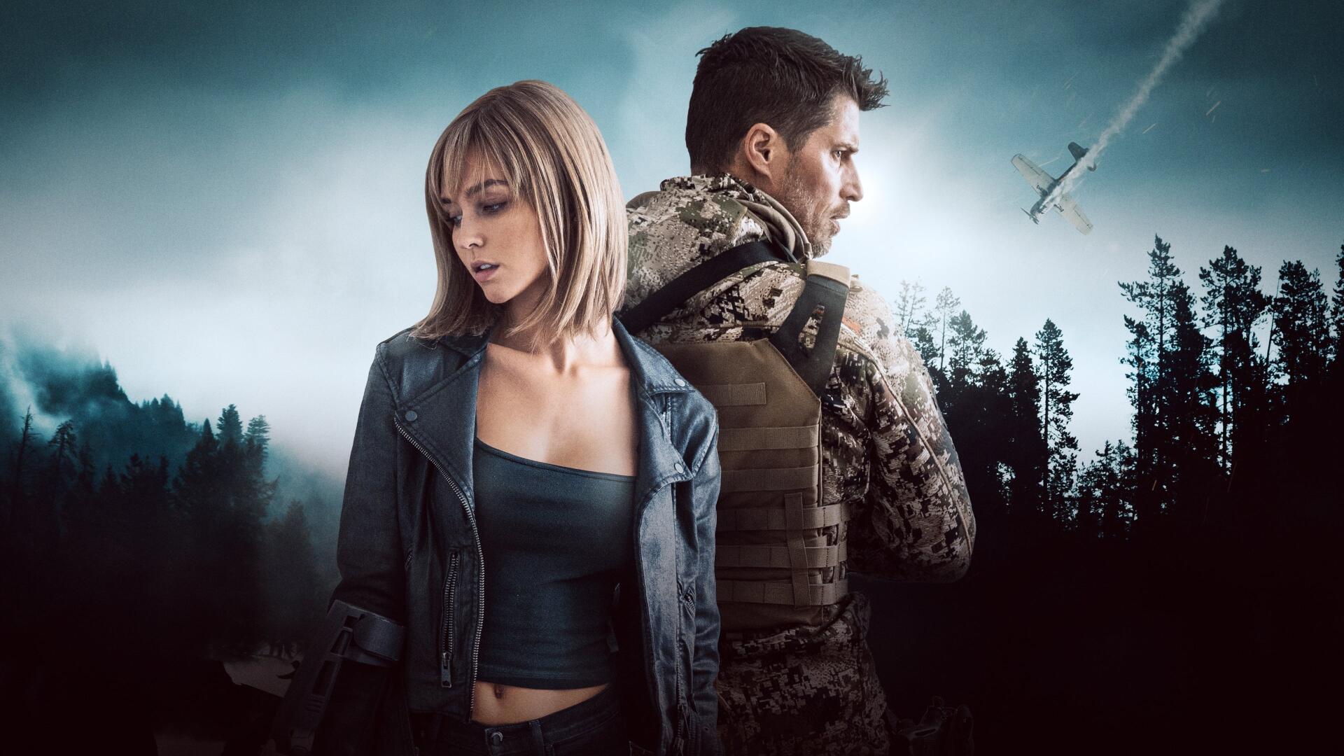Kill Shot — 4K Ultra HD PC desktop wallpaper and background: woman in leather jacket and soldier in camo stand back-to-back in a misty pine forest, jet streaking overhead.