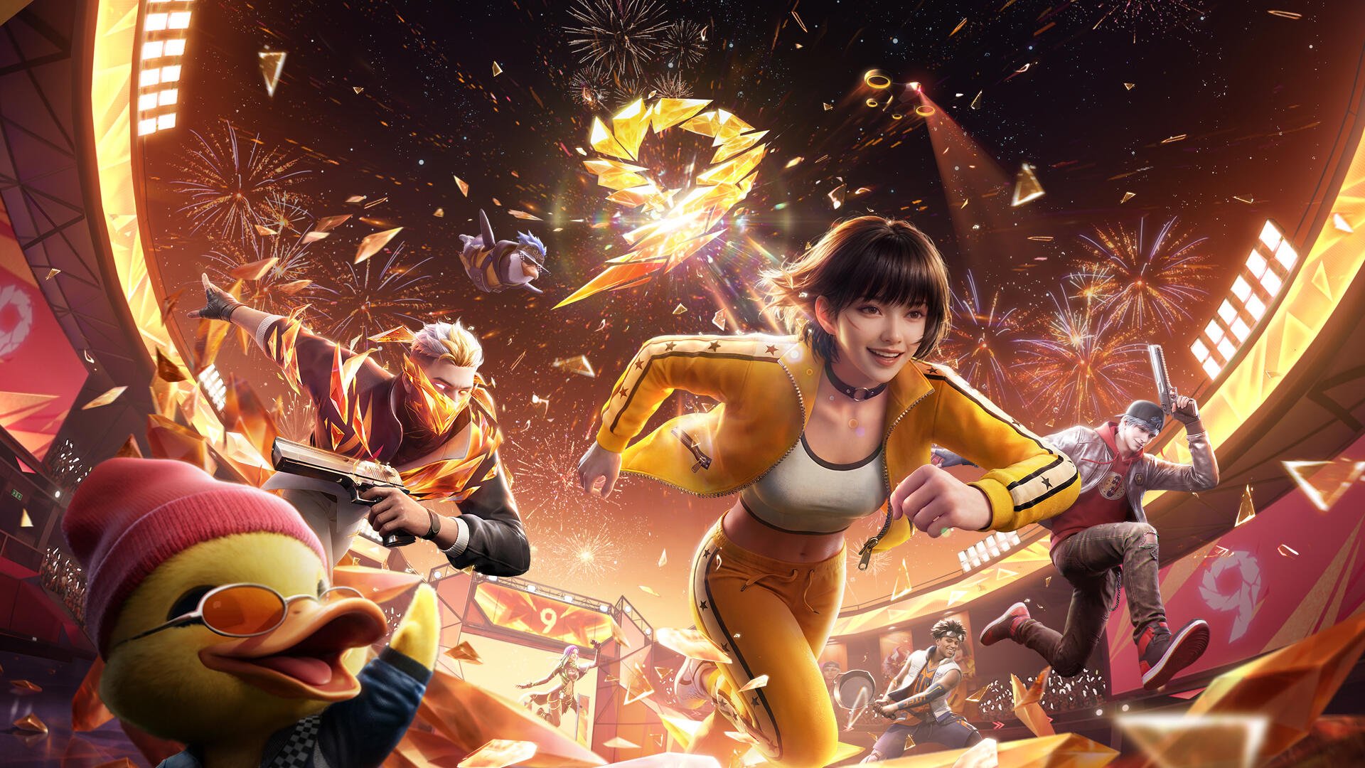 HD PC desktop wallpaper background: Garena Free Fire video game art showing dynamic characters charging forward, fireworks and debris flying, a golden emblem shining overhead.
