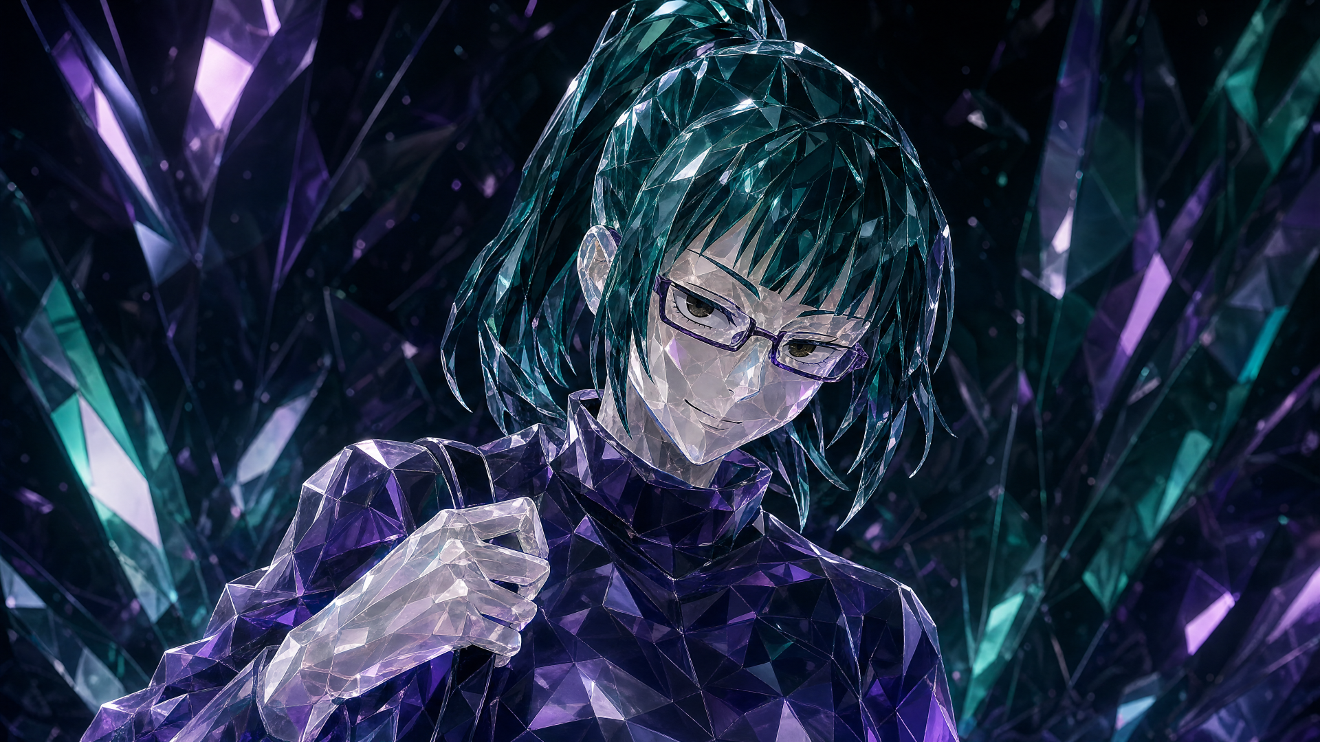 4K Ultra HD PC desktop wallpaper/background of Maki Zenin — anime girl with green hair and glasses in a dark outfit amid fractured crystalline shards.