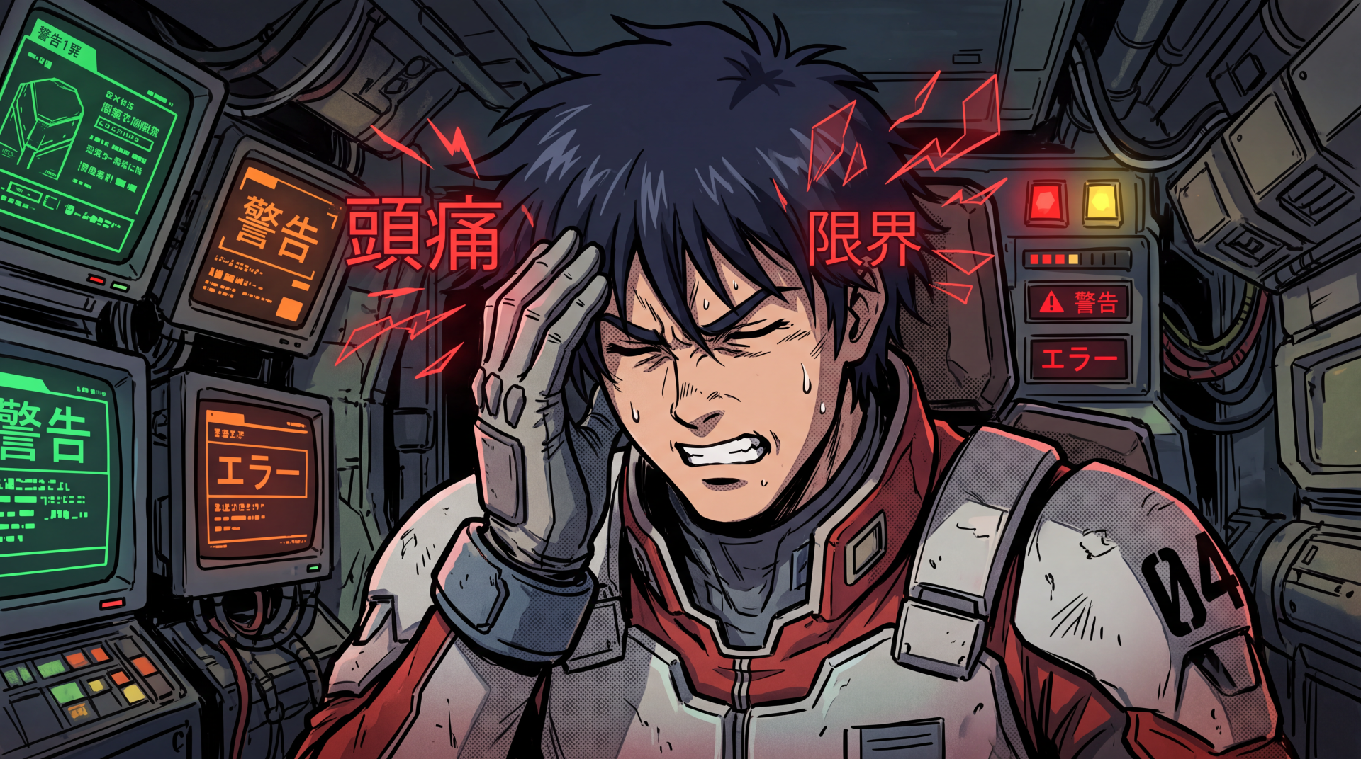 Anime man in a cockpit clutching his head in pain with red headache effects and warning screens; 5K Ultra HD PC desktop wallpaper/background.