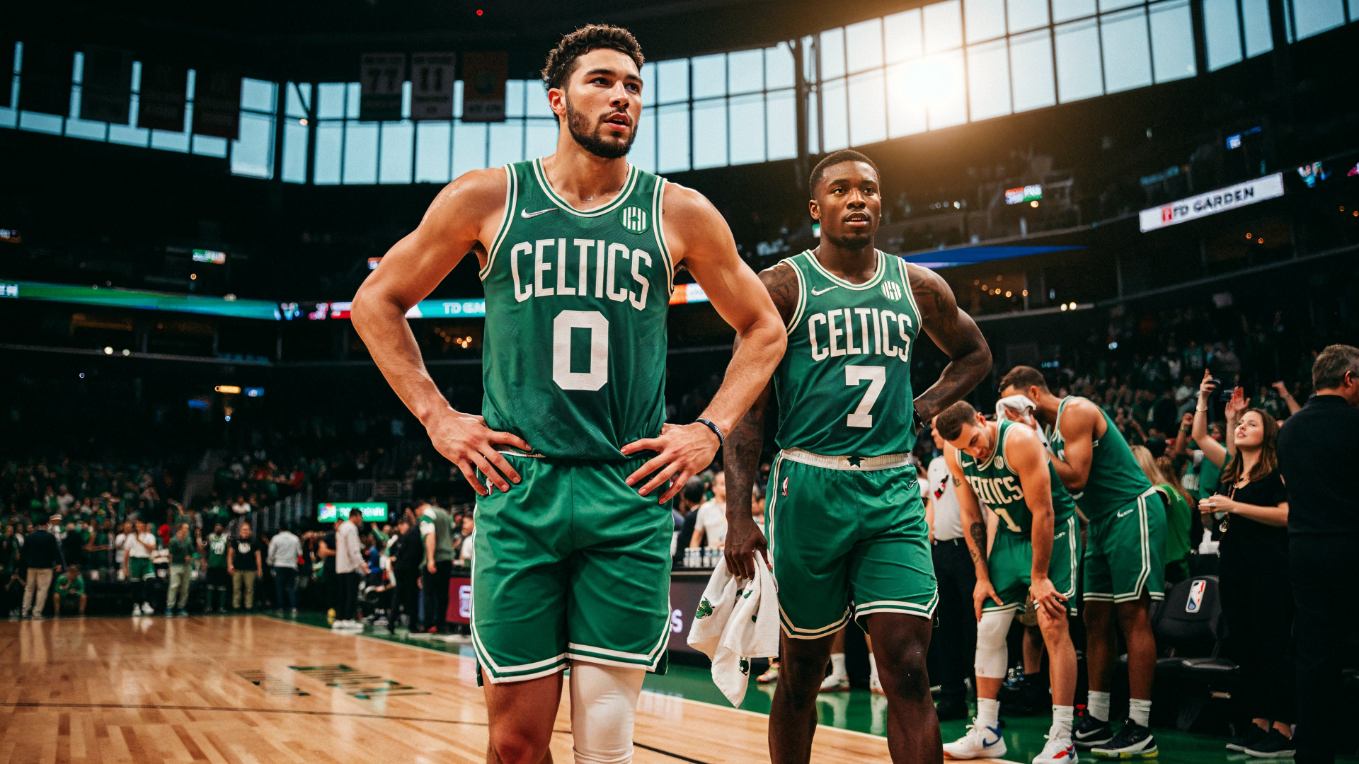 4K Ultra HD desktop wallpaper of Boston Celtics basketball players on court — two athletes in green uniforms (numbers 0 and 7) during a game, arena lights and crowd behind them.