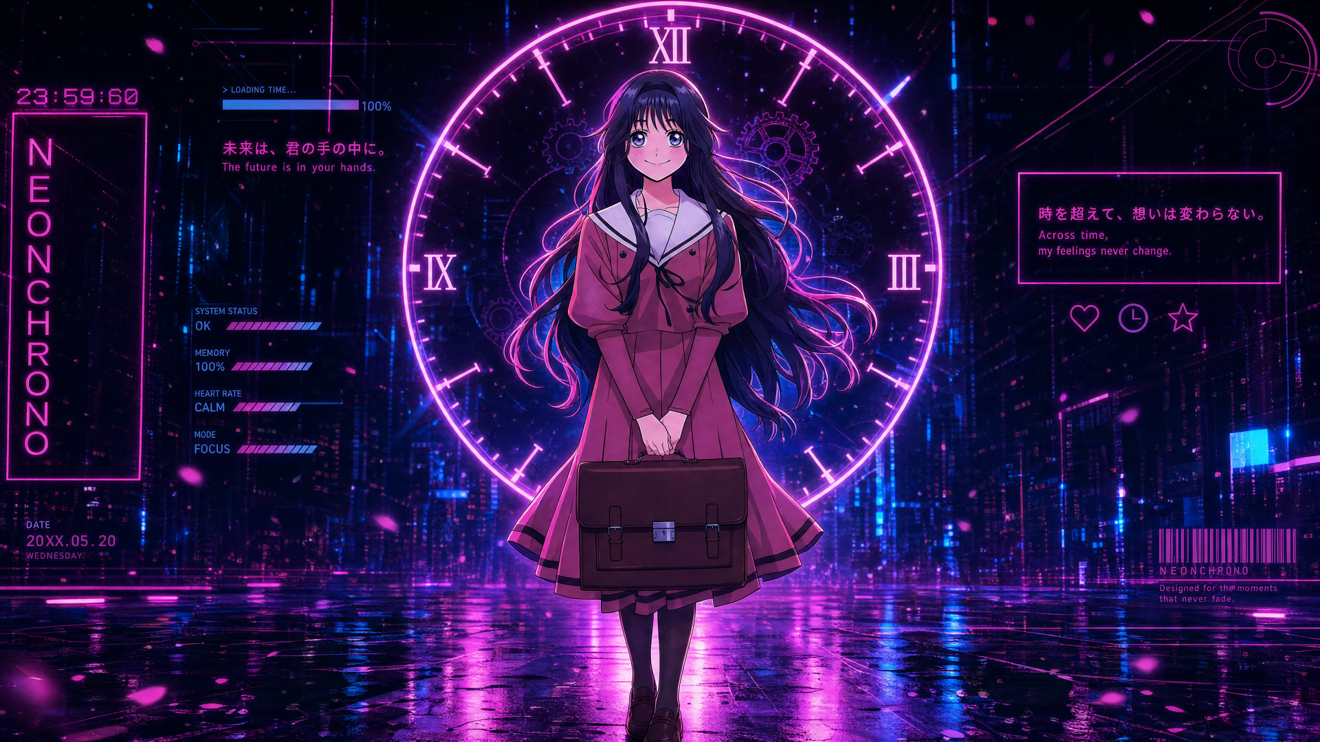 4K Ultra HD PC desktop anime wallpaper of Kaoruko Waguri: a schoolgirl with violet hair and satchel before a glowing neon clock in a rainy cyber city — The Fragrant Flower Blooms With Dignity.