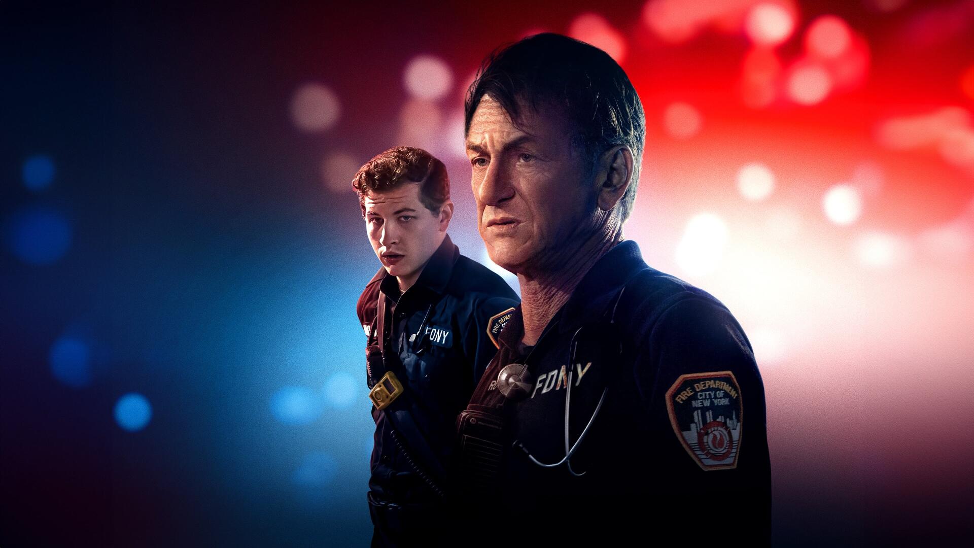 Asphalt City 4K Ultra HD PC desktop wallpaper showing two stoic police officers bathed in red and blue emergency lights, soft bokeh, and a moody urban backdrop.