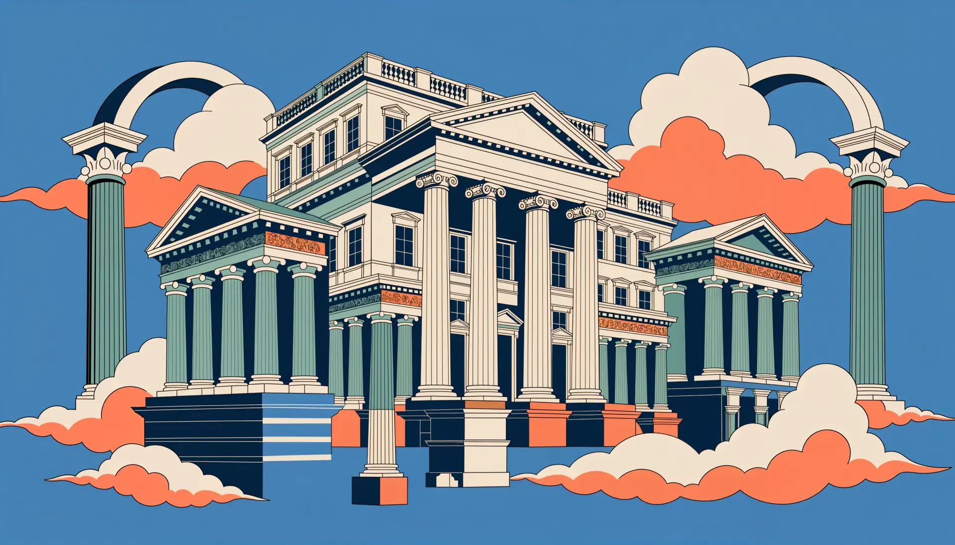 Vector illustration of a grand classical temple with columns and arches amid stylized clouds — bold architectural 4K Ultra HD PC desktop wallpaper and background.