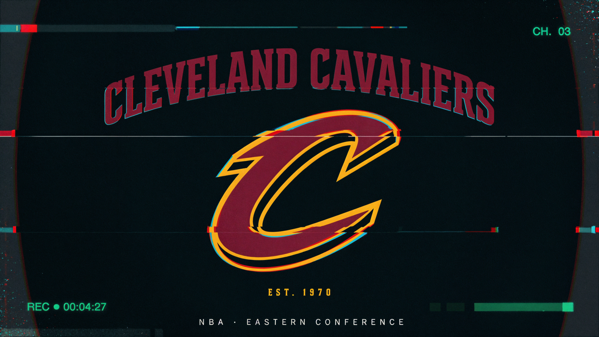 Cleveland Cavaliers logo and team name on a dark 4K Ultra HD PC desktop wallpaper, red-and-gold C emblem representing the NBA basketball sports team.